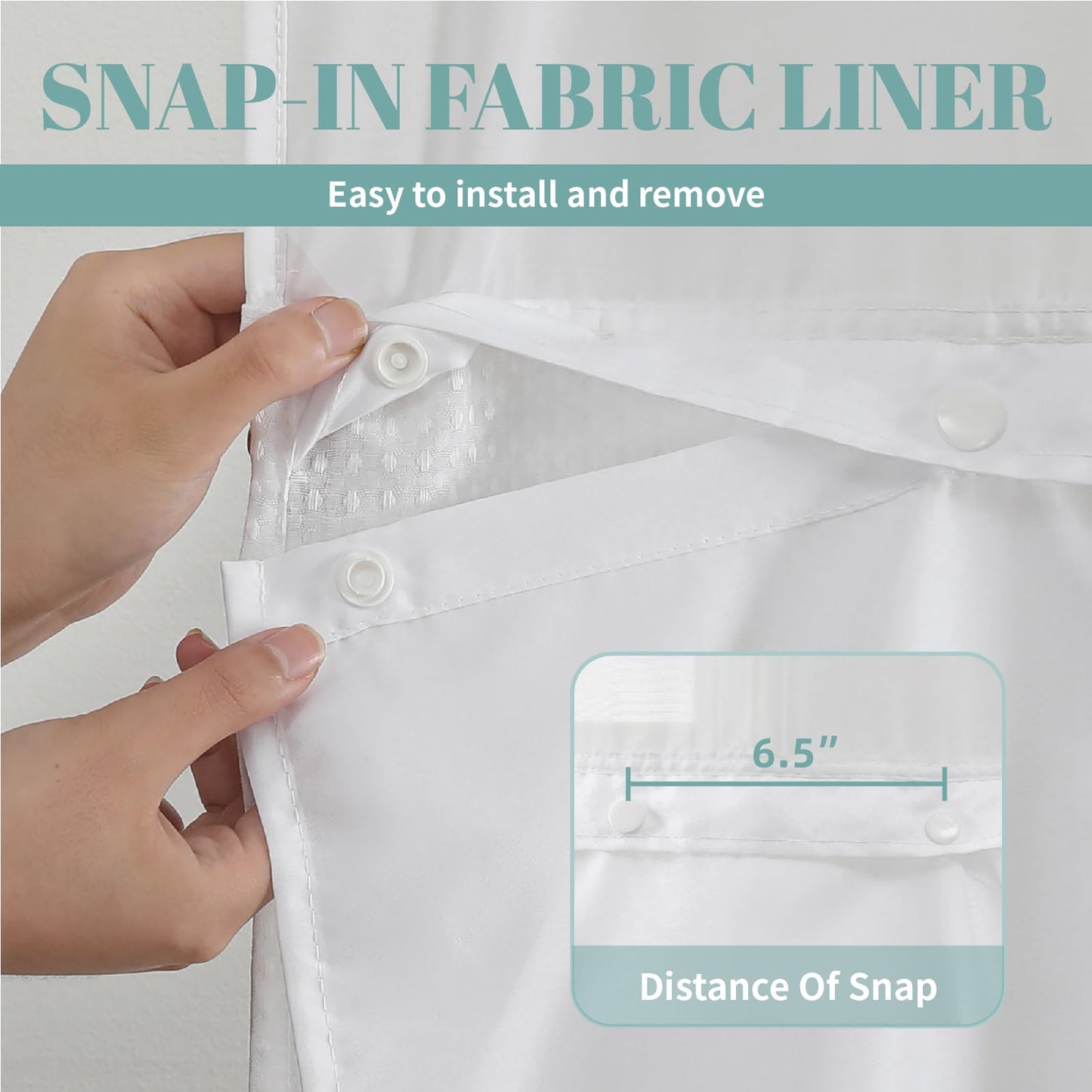 eachope White No Hook Waffle Weave Shower Curtain with snap-in Liner Replacement, 230GSM Waterproof Fabric Hotel Shower Curtain Set for Bathroom, Through Mesh Top Window,71Wx74H