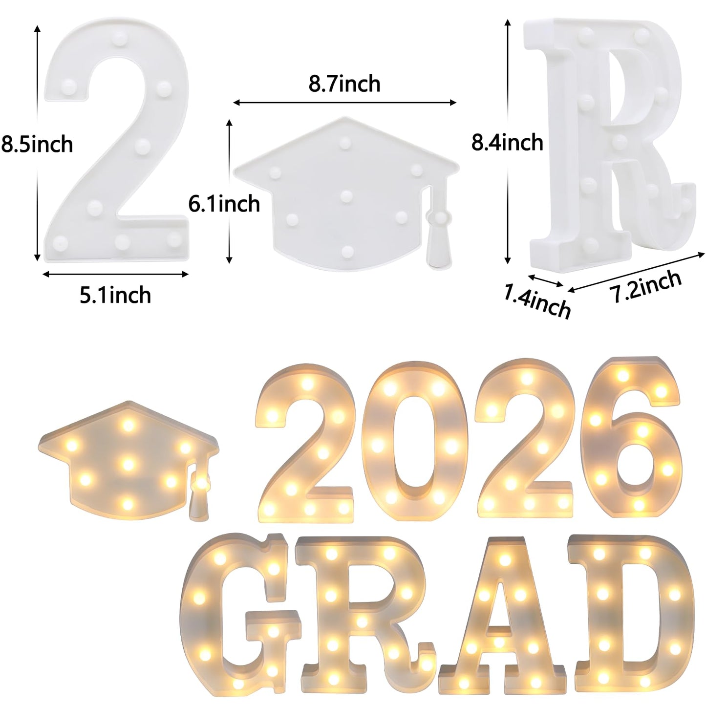 Graduation Party Decorations 2026, 8 LED Long Marquee Light Up Letters 'Grad 2026' and 1 'Doctorial hat' - Graduation Party Decor for Preschool High School College