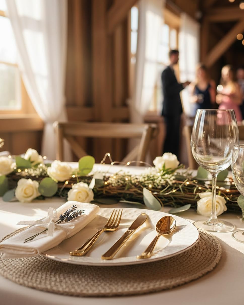 bUCLA 600 Pieces Gold Plastic Silverware - Disposable Gold Utensils - Heavy Duty Plastic Cutlery set- 200 Forks, 200 Spoons, 200 Knives for Party & Wedding