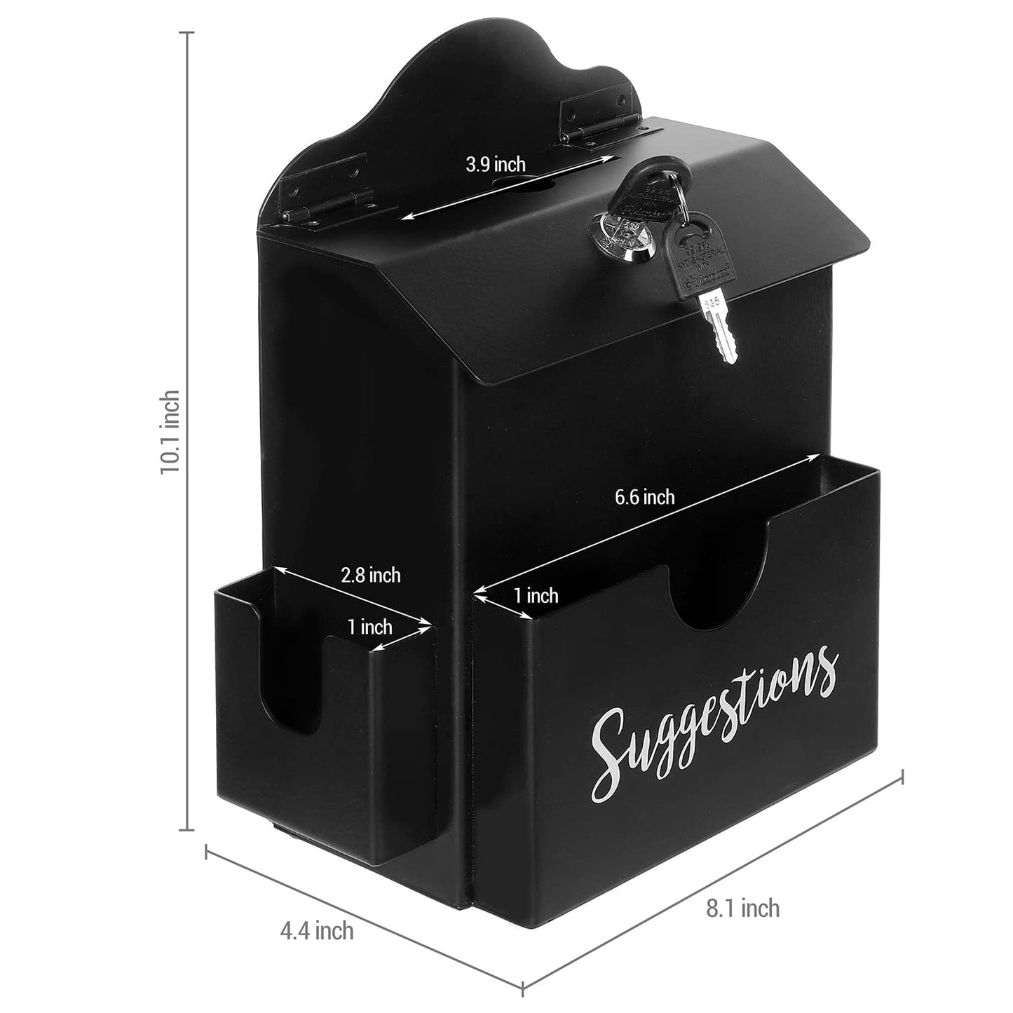 MyGift Suggestion Box with Slot and Lock, Donation Box for Fundraising, Complaint Case with Paper Sheet and Pen Holder Slots,Wall Mounted or Tabletop, Black Metal