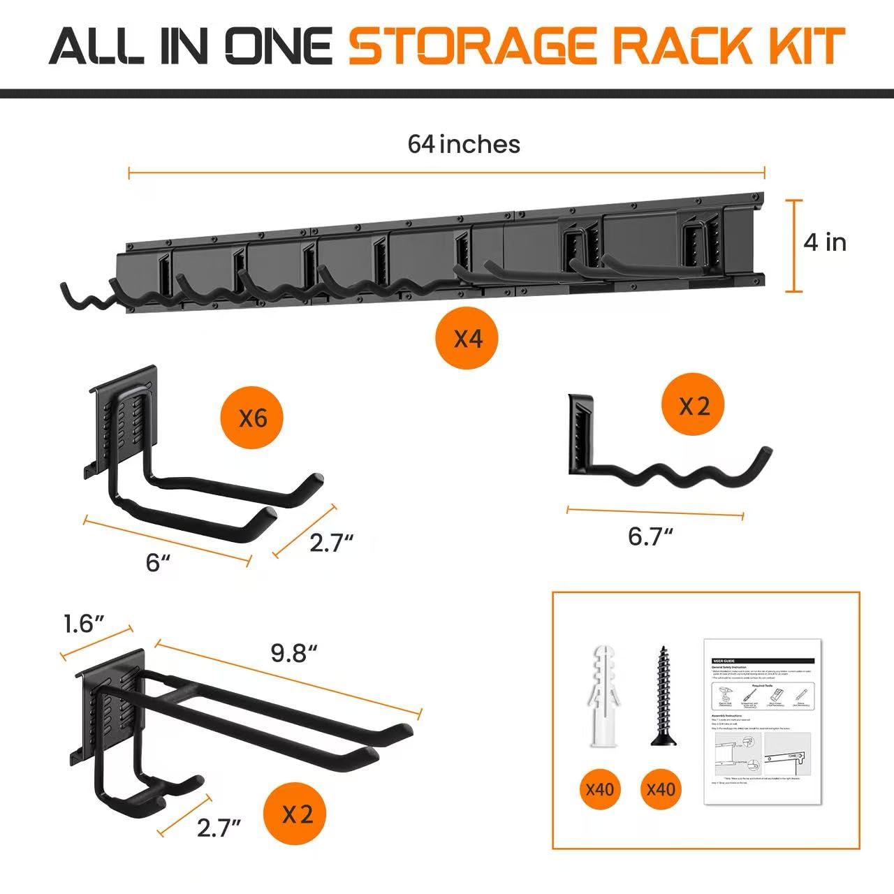 Evalote "64 Garage Tool Organizer Wall Mount - Heavy Duty 750lbs Metal Storage Rack, Easy Install Adjustable Hooks for Garden Tools Brooms