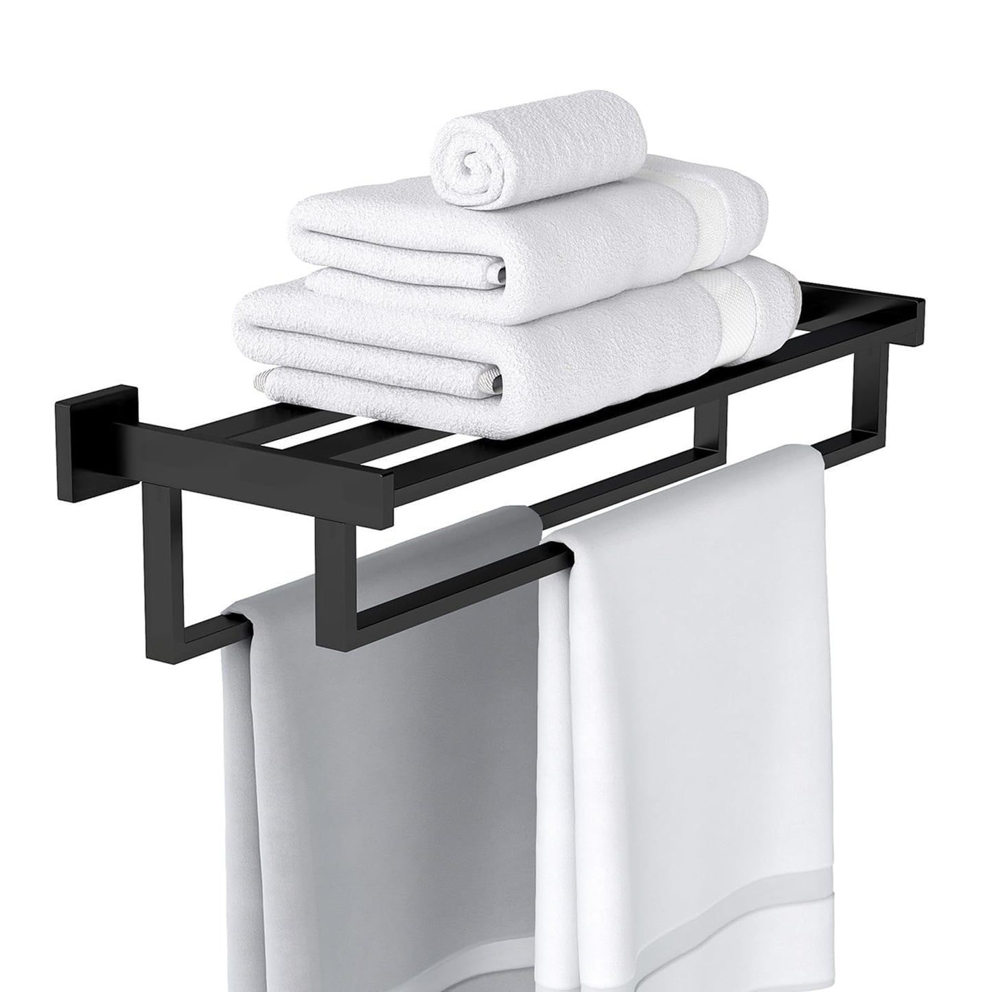 Towel Racks for Bathroom Wall Mounted, 24 Inch Double Towel Bar, Dual Towel Rack with Shelf, Stainless Steel Hand Towel Hanger, Bath Towel Holder for Wall, Black
