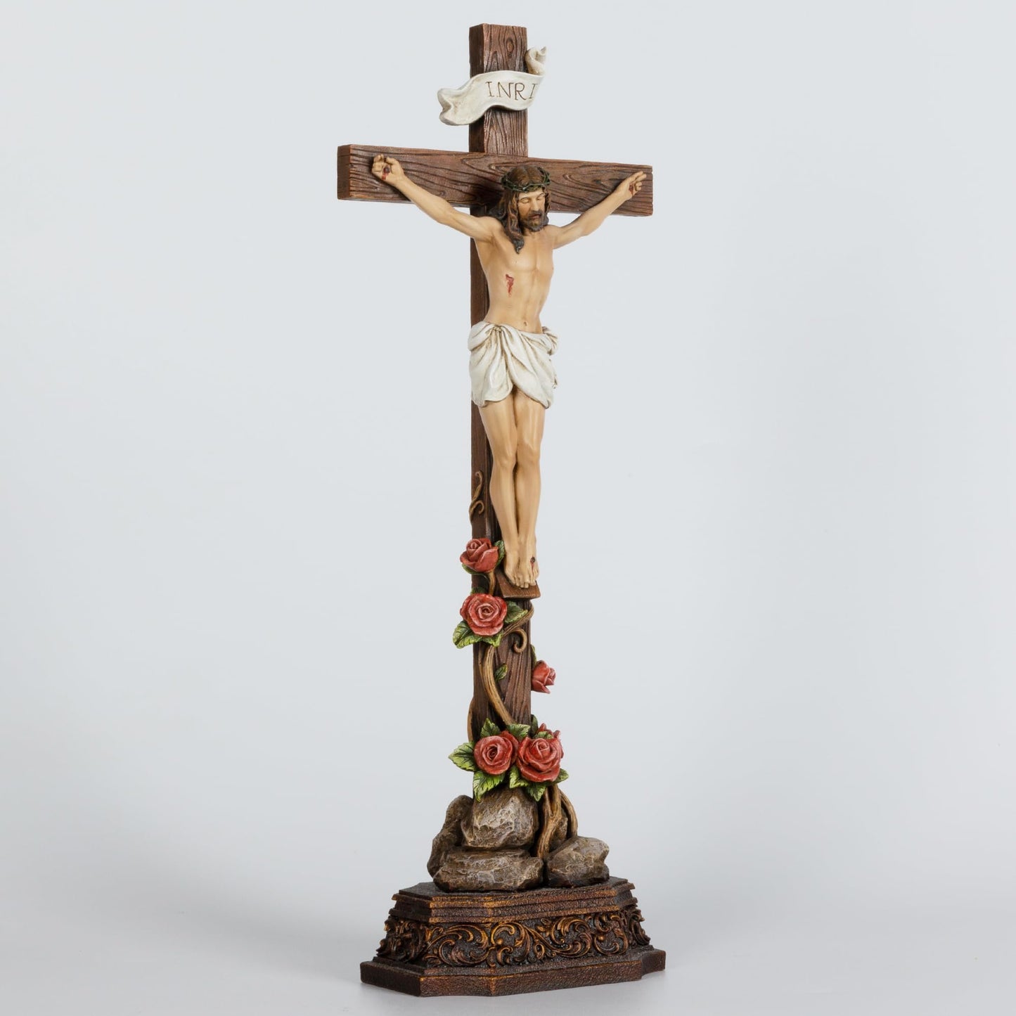 Grace4Joy Standing Crucifix, 14.5 Inches Jesus Christ Standing Cross With Rose-Decorated Base, Hand Painted Crucifix Stand for Catholic Home Table Altar Decor