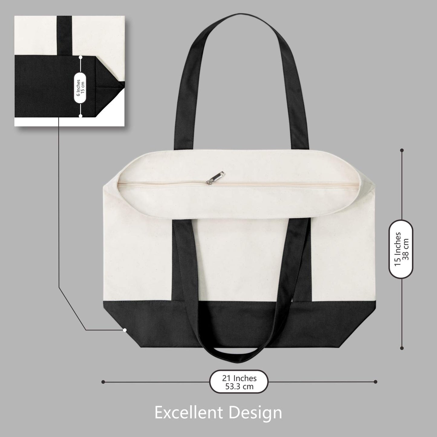 TOPDesign 3-Pack Canvas Tote Bags with an External Pocket, Reusable Grocery Shopping Bags, Top Zipper Closure, Daily Essentials (Black/Natural)