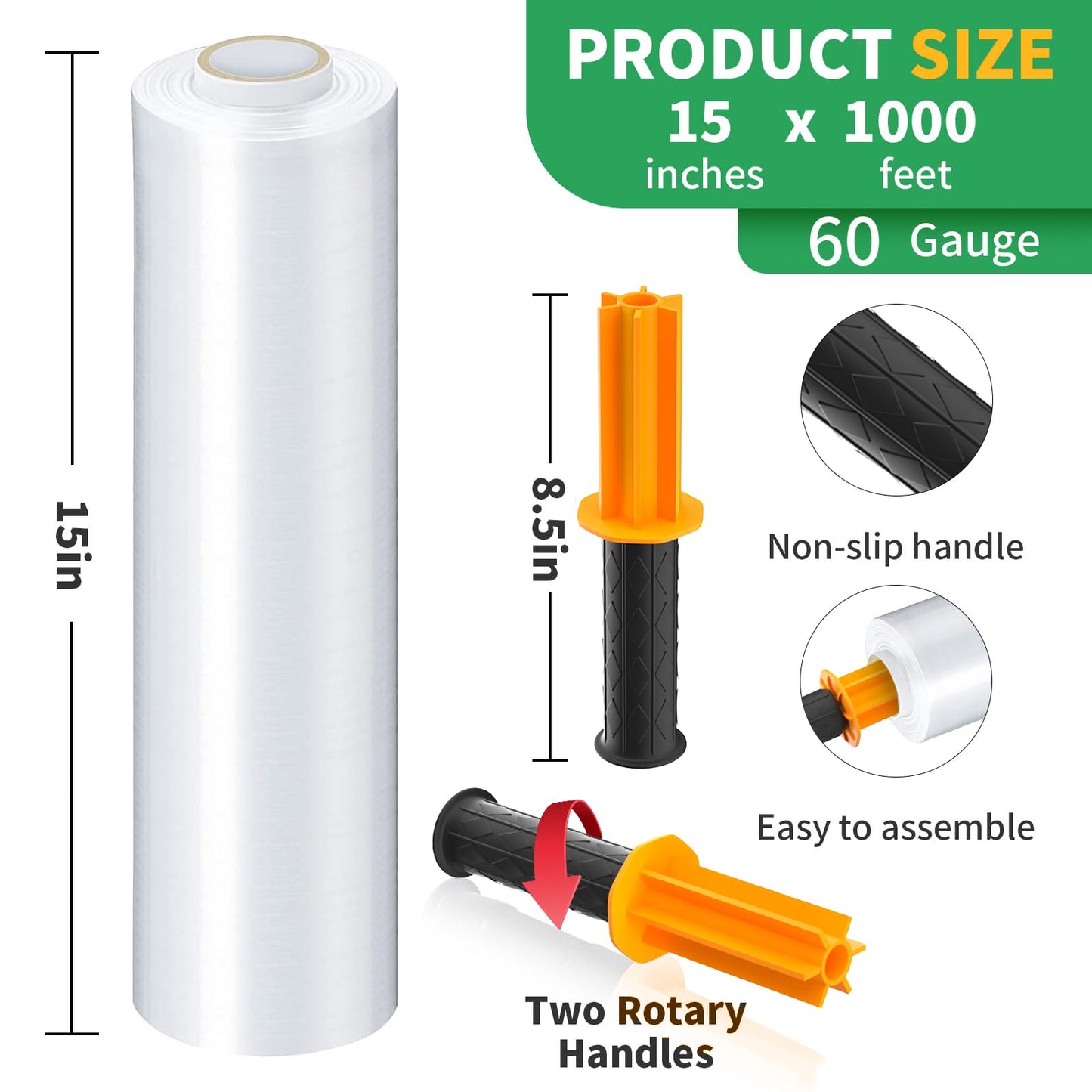 Stretch Film, HERKKA Stretch Wrap with Handles Industrial Strength, Moving Wrapping Plastic Roll, Shrink Wrap for Pallet Wrap, 15" x 1000 Feet, 4 Pack, 60 Gauge