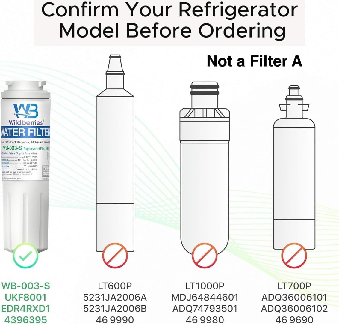 Wildberries UKF8001 Refrigerator Water Filter 4 Replacement for Whirlpool®, EveryDrop® EDR4RXD1, WHR4RXD1, 4396395, WRF535SWHZ00 to WRF535SWHZ10, WRF555SDFZ00 to WRF555SDFZ15, FMM-2, 46-9006, 2-PACK