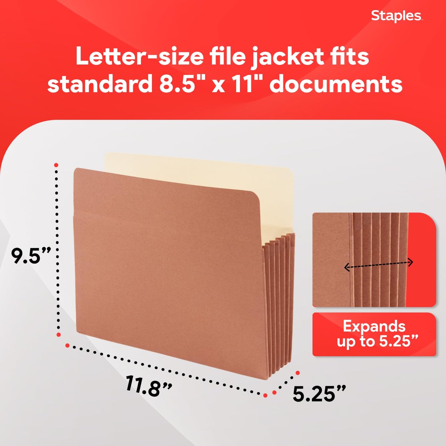 Staples Reinforced File Pockets, Letter Size, Expands Up to 5.25", Heavy‑Duty Brown Accordion Folders with Strong Gussets – 10/Pack