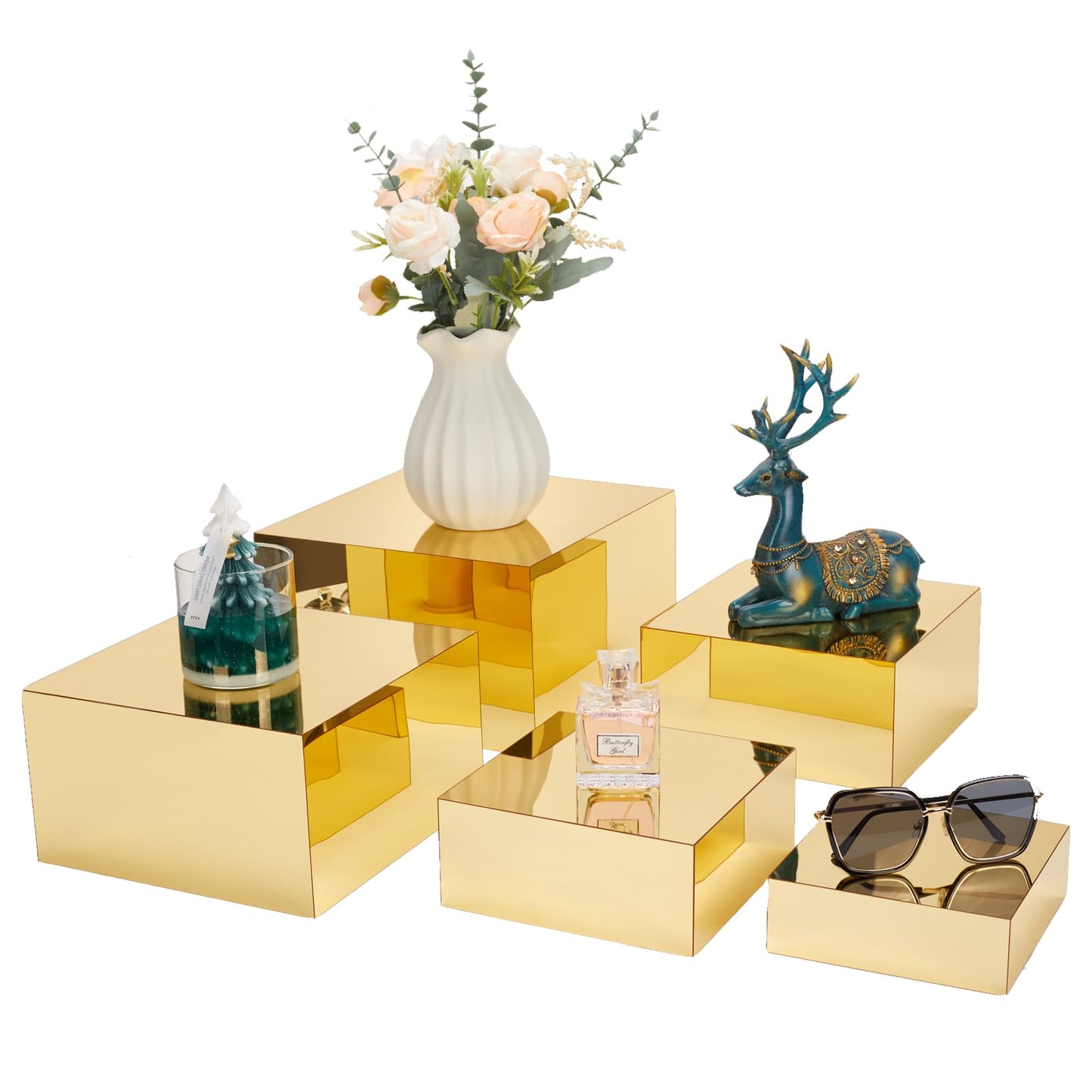 Jolboldy 5 Pcs Acrylic Gold Risers Display Stands, Mirrored Food Risers for Buffet Table, Nesting Acrylic Cube Boxes for Jewelry Purse Perfume, Gold Cake Stand for Dessert Display Catering Supplies
