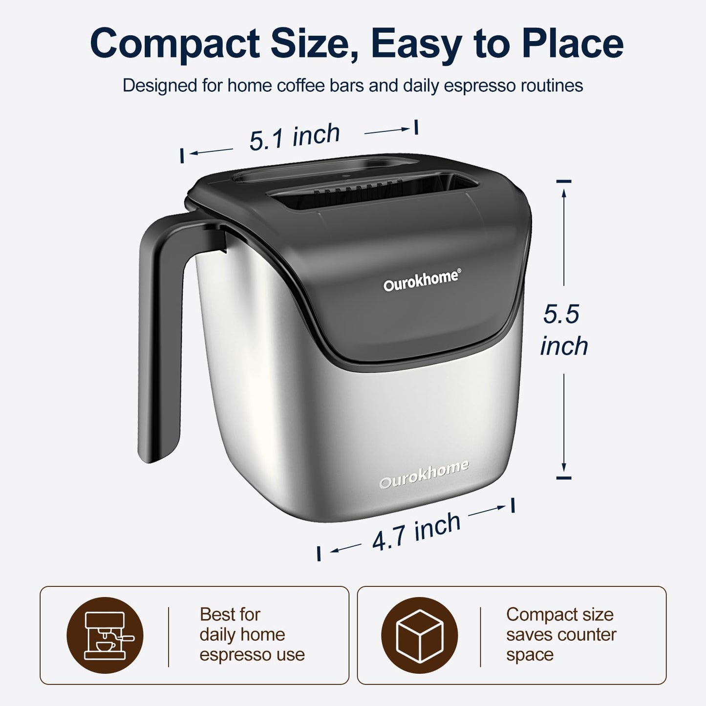 Ourokhome Espresso Knock Box with Lid, Compact Coffee Grounds Container for Home Coffee Bar, Removable Knock Bar, 304 Stainless Steel Exterior, Non-Slip Base & Handle, Easy Clean