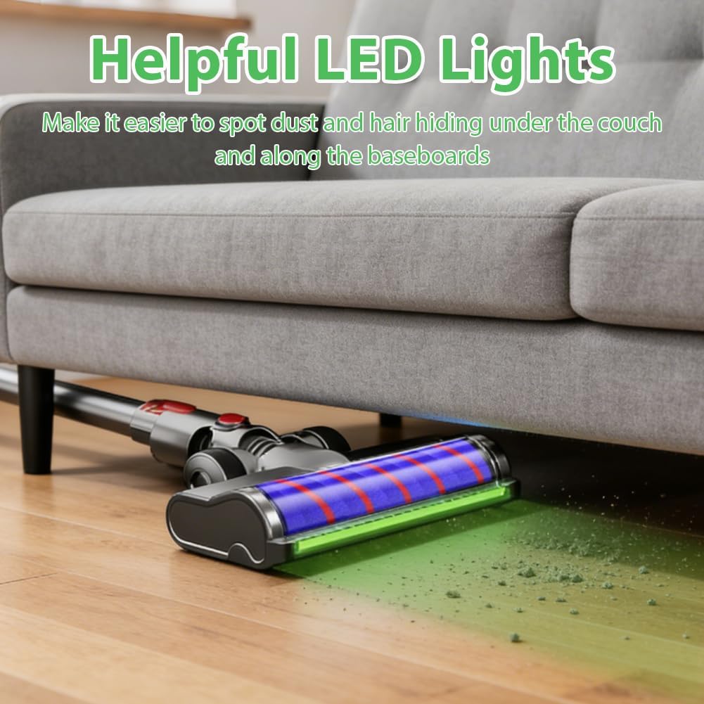 Replacement Head Parts for V7/V8/V10/V11/V15, 270° Torque & Anti-Tangle Motor-Driven Brush Roll with LED Light Dust Detection, Quick-Release Head Attachments for Carpets, Hardwood Floors & Tiles