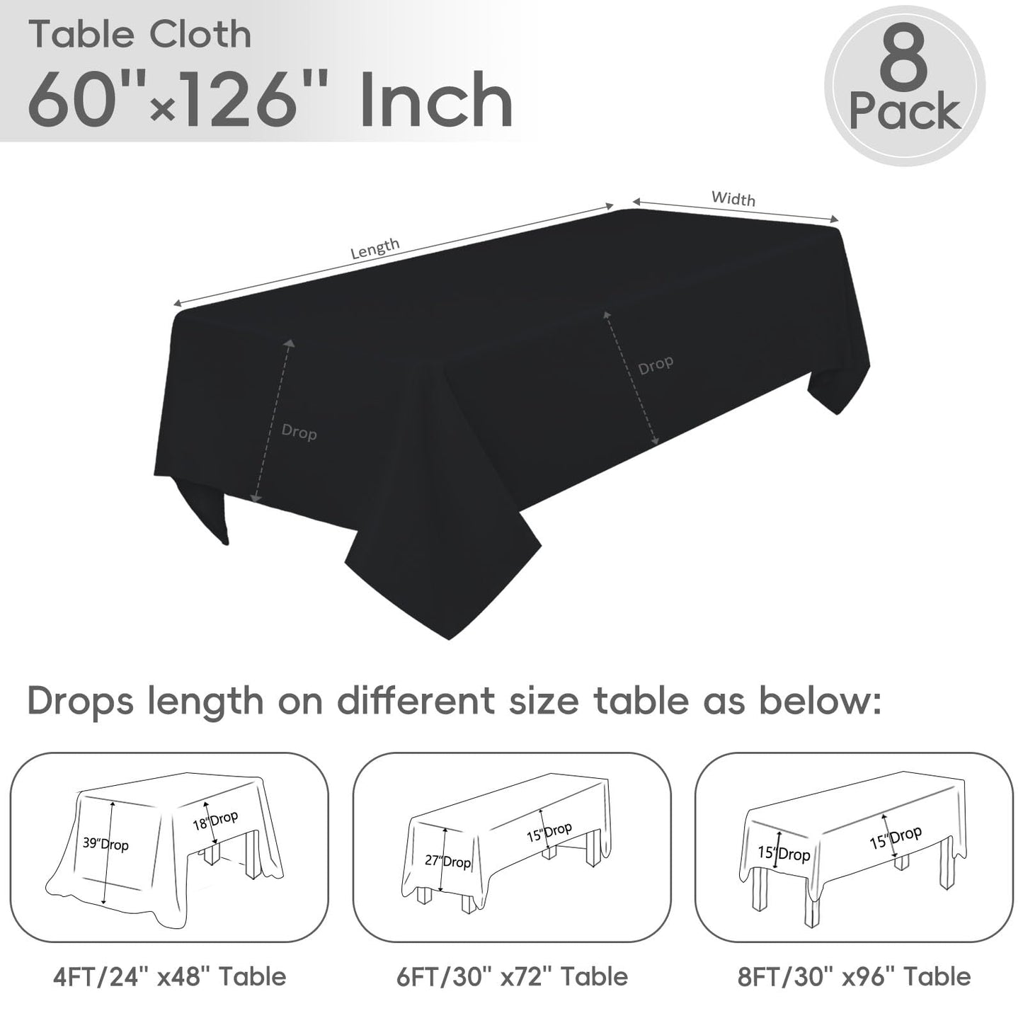 RestfulGlow 8 Pack Black Tablecloth 60 x 126 Inch Rectangular Table Cloth for 8 Foot Rectangle Tables, Wrinkle Resistant Washable Polyester Fabric Table Covers for Wedding Party Banquet Buffet