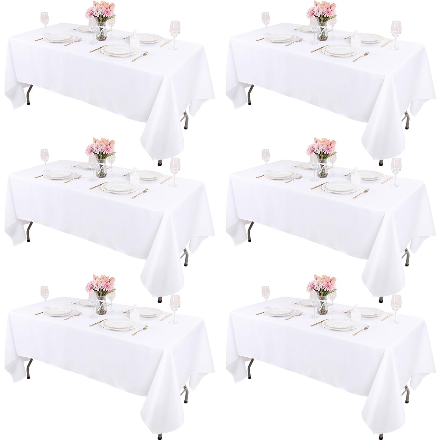 Kesfey 6 Packs White Table Cloths Rectangle 60 x102 inch High Density Washable Polyester Fabric White Tablecloths for 6 Foot Tables Rectangle Wrinkle Resistant Tablecloth for Parties Wedding Banquet