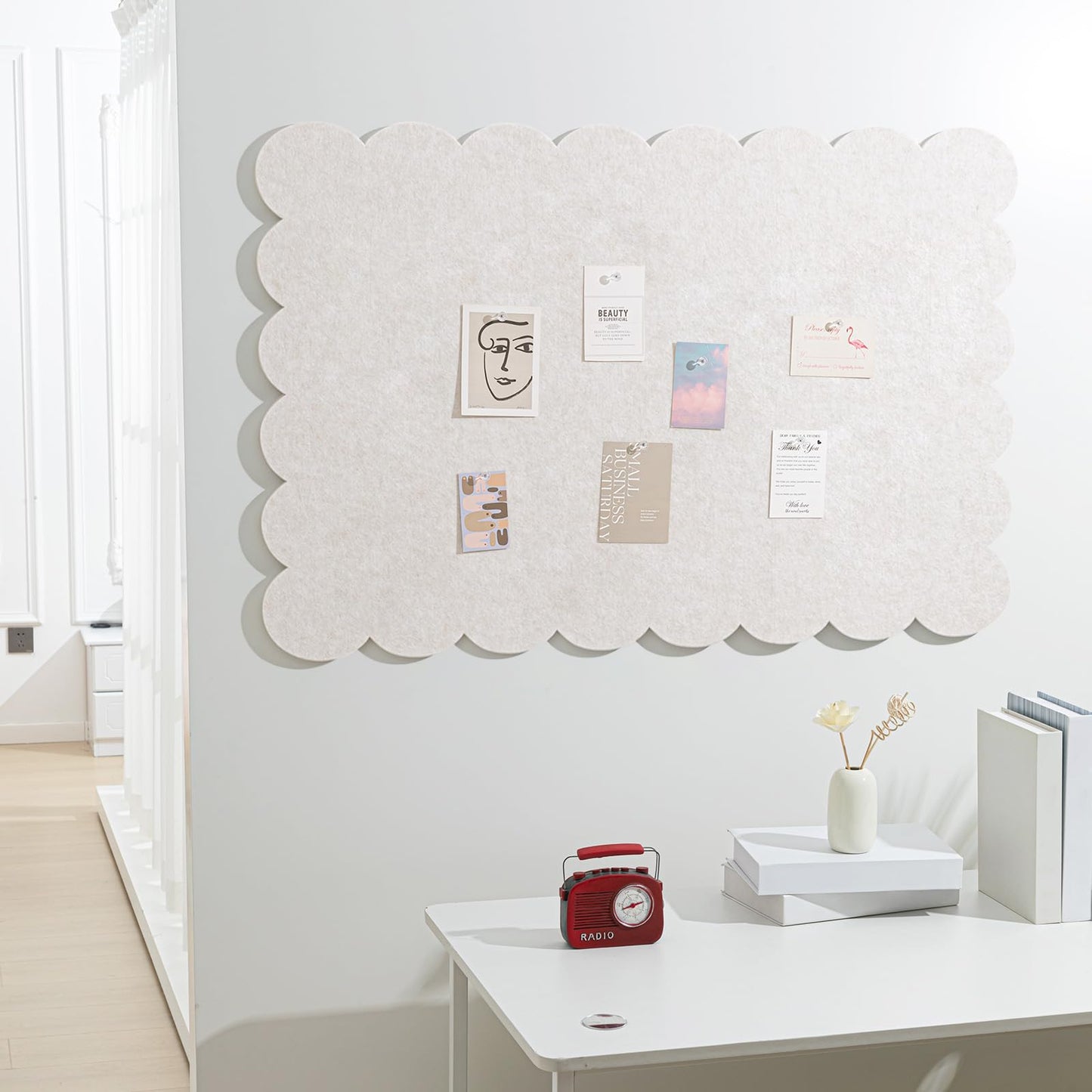 Mooliwe Scalloped Felt Bulletin Board 48 x 36 Inches Foldable Beige Pin Cork Board Alternative for Wall, 4' x 3' Trifold Picture Vision Self Adhesive Bulletin Decorative