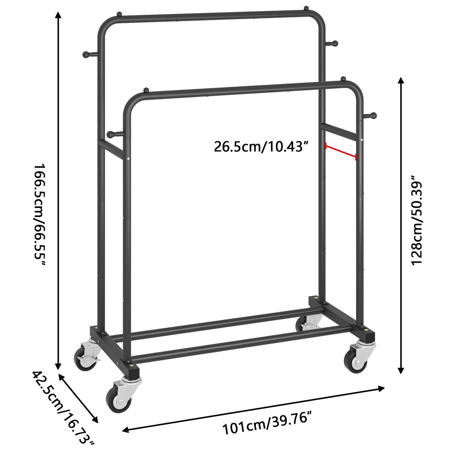 Laiensia Double Rods Garment Rack with Wheels, Clothing Rack for Hanging Clothes,4 Hooks, Multi-functional Bedroom Clothes Rack, Black