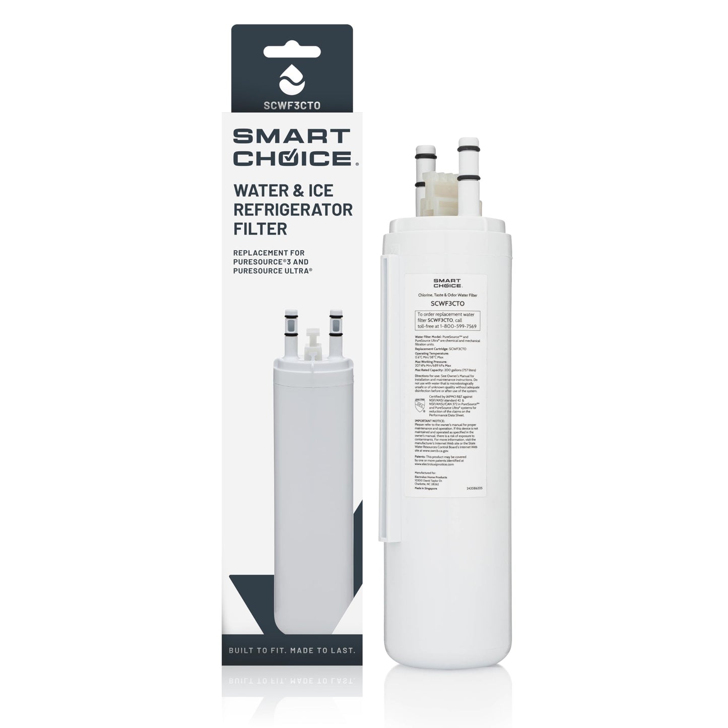 Smart Choice SCWF3CTO Refrigerator Water & Ice Filter, Genuine Replacement for Frigidaire ULTRAWF PureSource Ultra and Frigidaire WF3CB PureSource