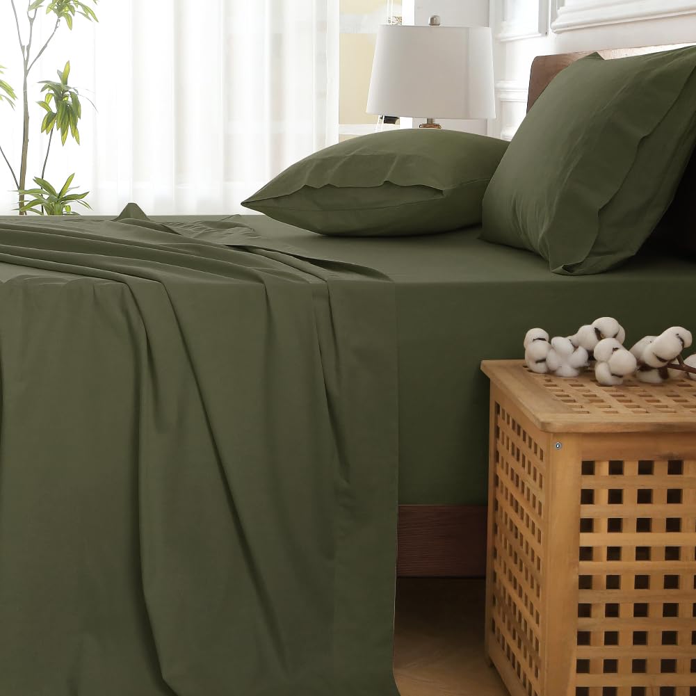 HYPREST Deep Pocket Queen Sheet Sets Fits 18"-24" in Deep Mattress -100% Cotton Queen Sheet Set,Green Hotel Luxury Soft Cooling Sheet Sets for Queen Bed