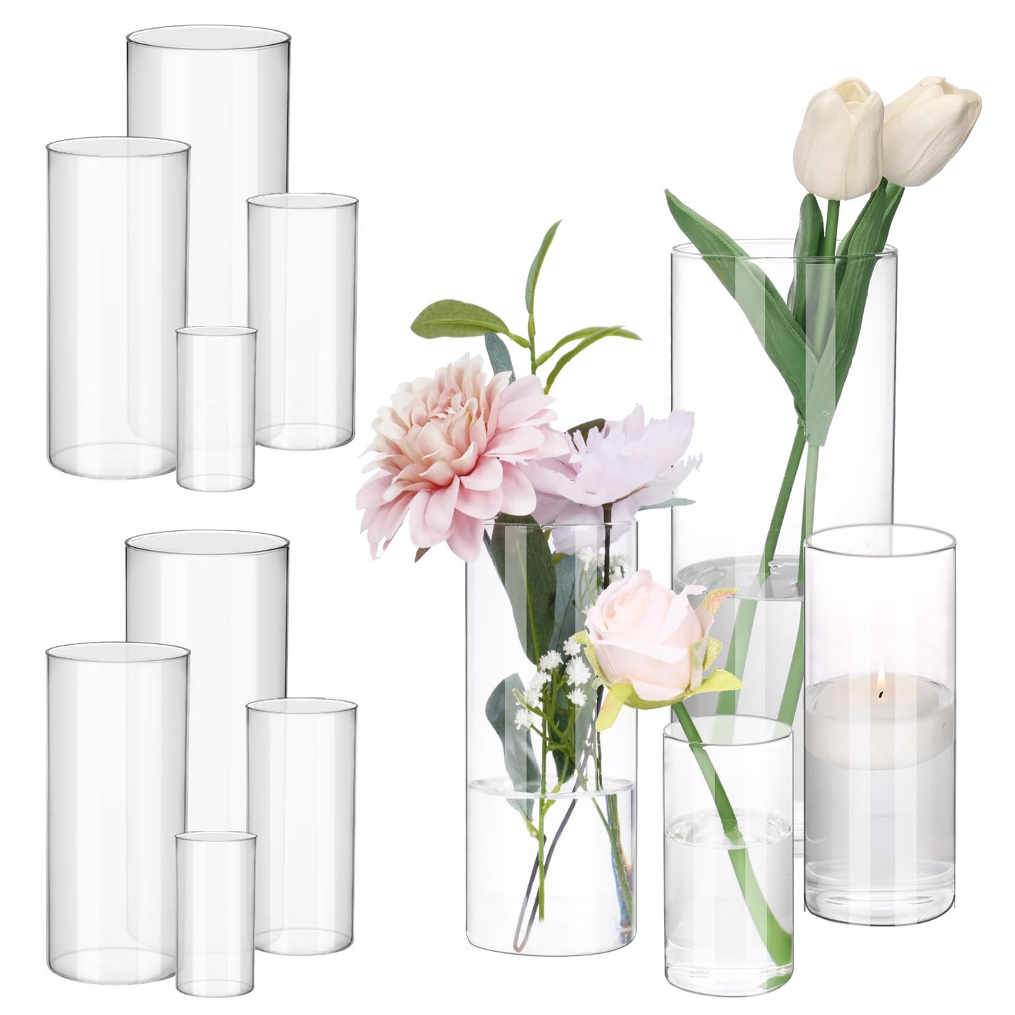 Fixwal 12pcs Clear Glass Cylinder Flower Vases, 4, 6, 8, 10 Inch Tall Cylinder Vases for Centerpieces, Glass Flower Vase Floating Candle Holder Vase for Table Shelf, Party, Wedding, Home Decor