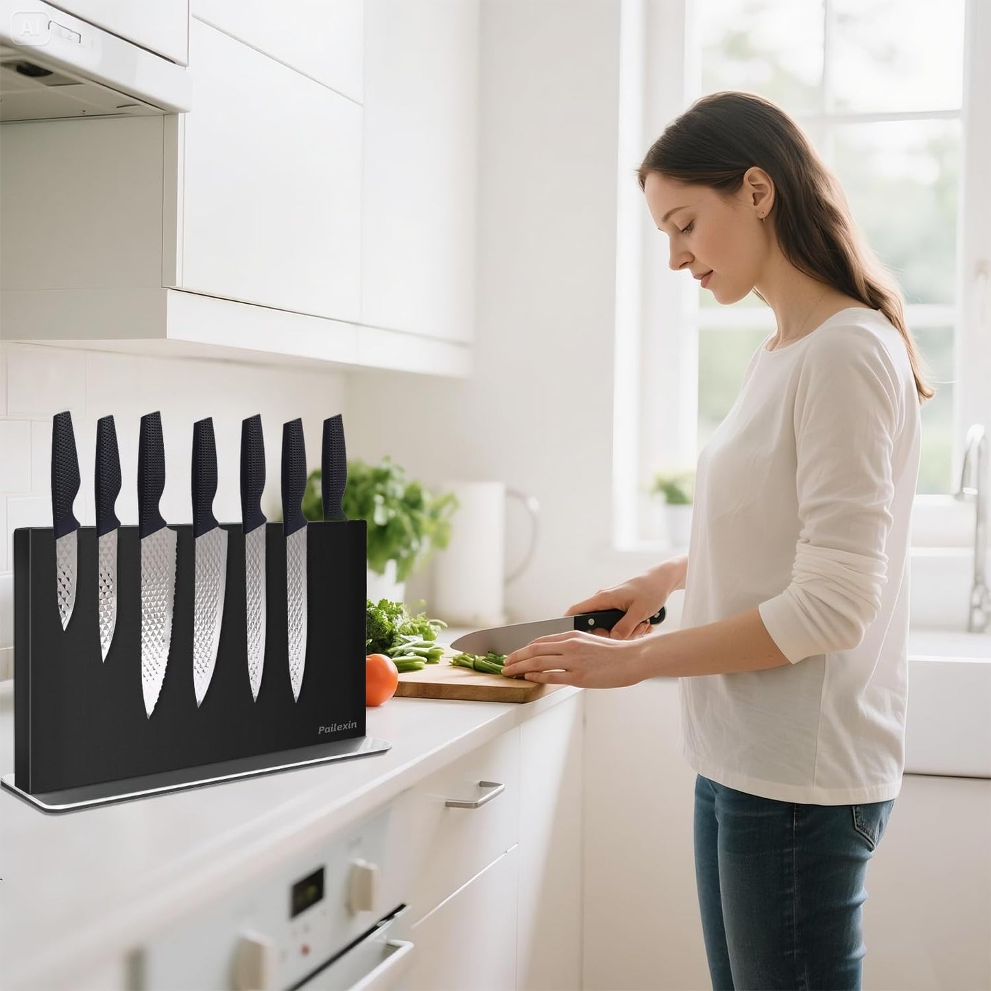 Pailexin Magnetic Knife Block Without Knives—Black Stainless Steel Double-Sided Magnetic Knife Holder Stand with Strong Magnets, Knife Storage Organizer for Kitchen Counter top, 16 inch