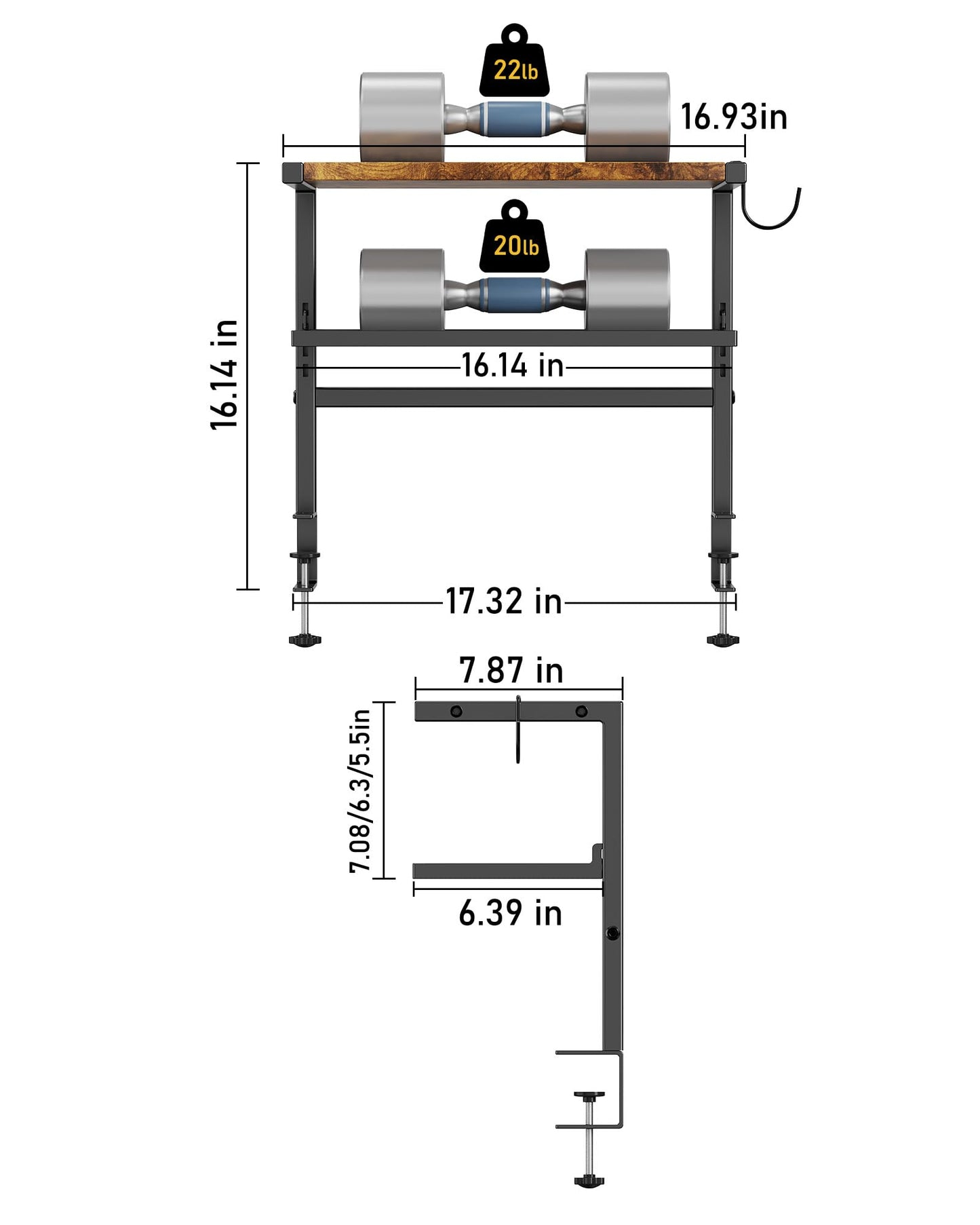 2-Tier Clamp on Desk Shelf, 17" Adjustable Above or Under Desk Shelves Organizer, No Drilling Desktop Storage Shelf with Headphone Holder, Desktop Storage Rack or Office and Gaming Accessories (Brown)