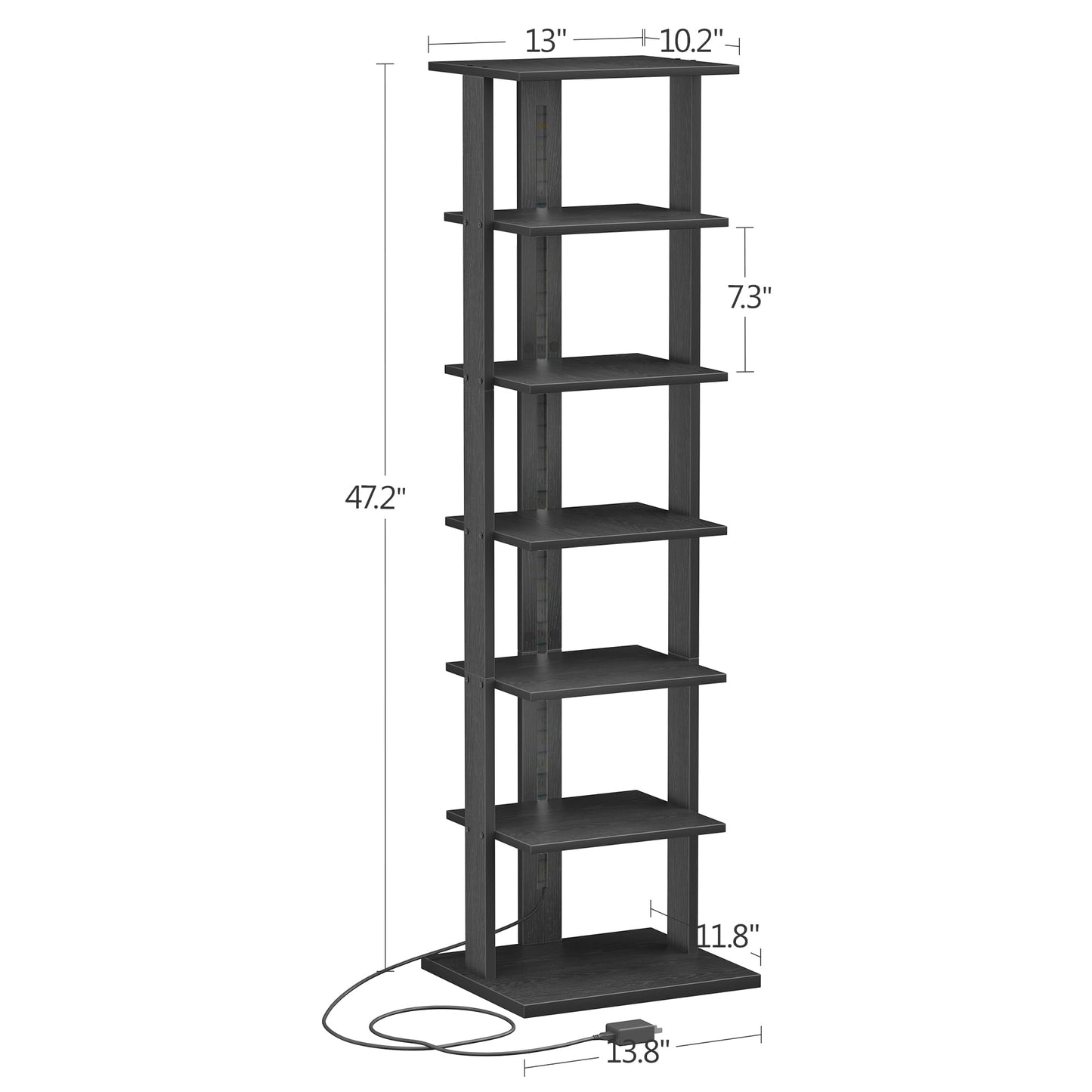 GLANZALANT 7-Tier Bookshelf, Narrow Bookcase with LED Lights, 47.2 Inch Book Shelf for Small Space, Display Storage Shelf for Living Room, Bedroom, Home Office, Study, Black