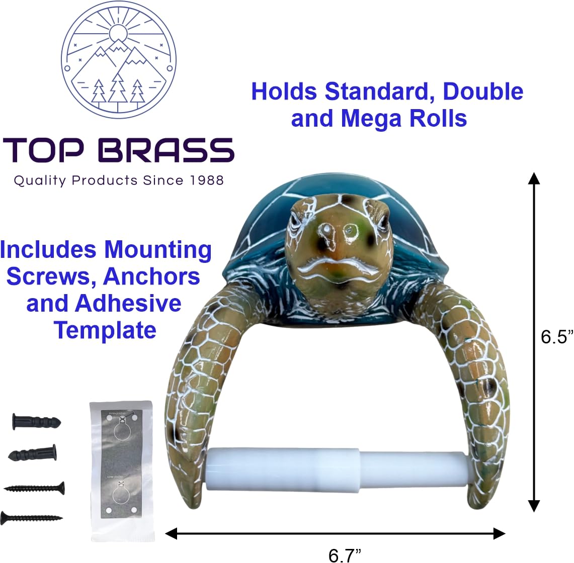 Sea Turtle Wall Mount Toilet Paper Roll Holder Premium Bright Glossy Colorful Finsh - Nautical Coastal Bathroom Decor