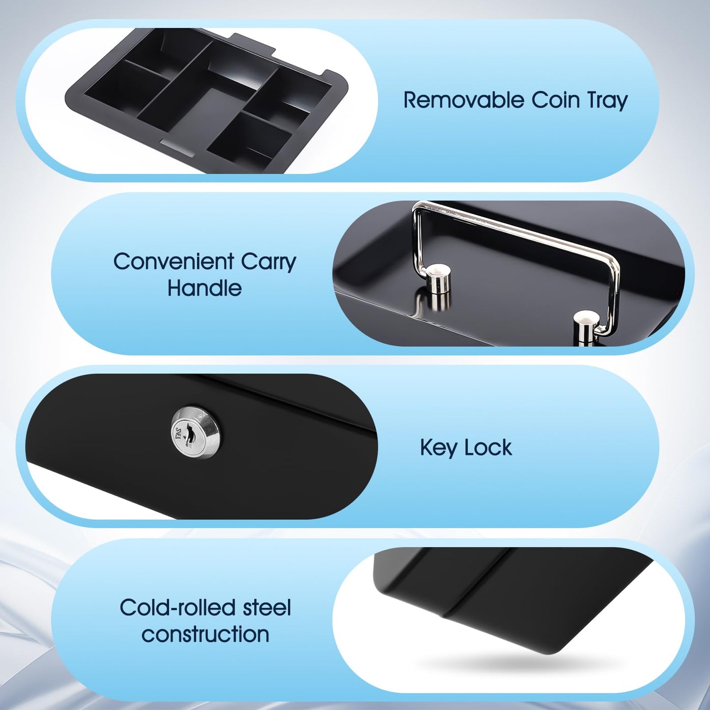 KYODOLED Metal Cash Box with Key Lock & Money Tray - Secure Safe for Home, Office & Events, Ideal for Cash, Meds & Small Items, 7.87" x 6.30" x 3.35", Black, 4 Pack