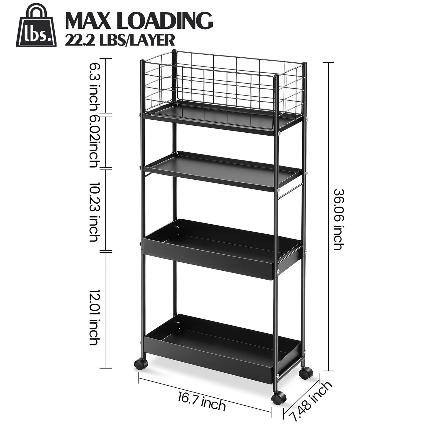 KINGRACK Slim Rolling Storage Cart 4 Tier - Heavy Duty Metal Utility Cart with Raised Edge & Wheels, Narrow Mobile Organizer Shelves for Bathroom, Kitchen, Laundry, Office, Living Room, Black