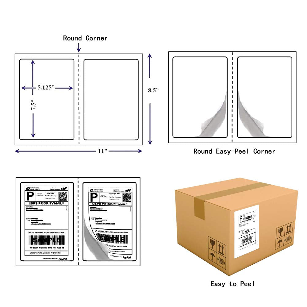 RyhamPaper Shipping Labels with Round Corner, 8.5 x 5.5 Inches Half Sheet Self Adhesive Shipping Address Labels for Laser and Inkjet Printer, 1000 Labels