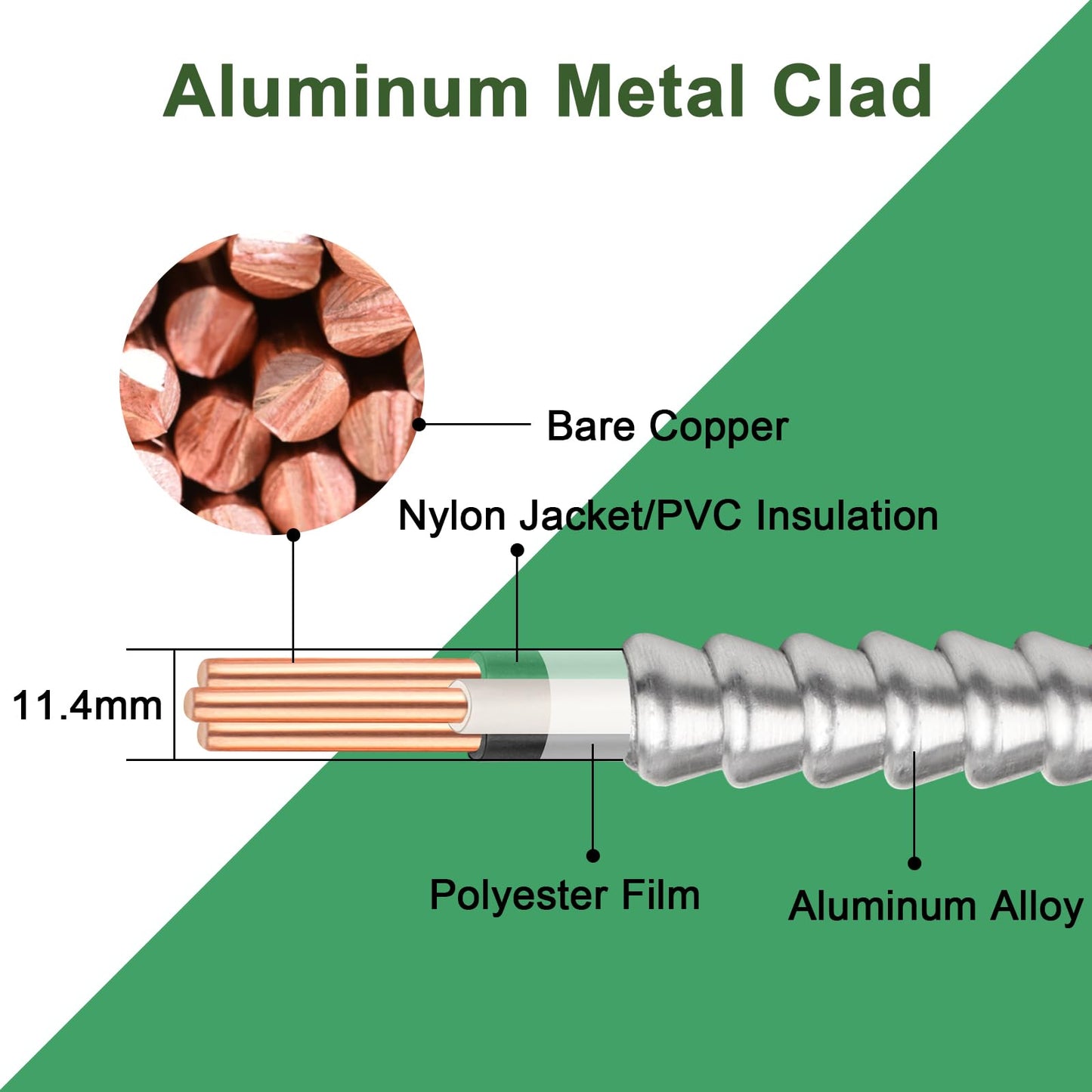 100ft 14/2 Metal Clad (MC) Cable with Ground, 14 Gauge Electric Wire with Aluminum Armor, Solid Bare Copper Conductors for Indoor Outdoor Underground Embedded Installation (14/2, 100 ft)