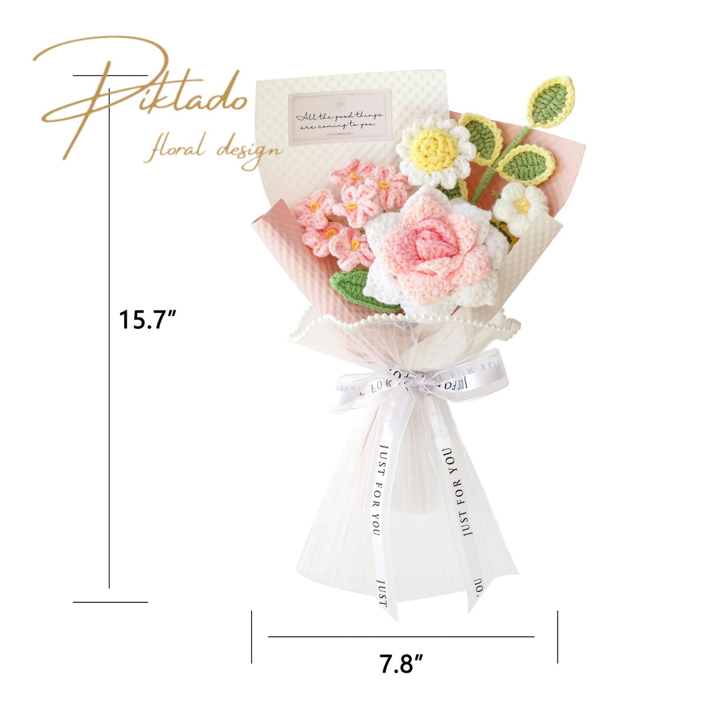 Piklado Handmade Crochet Pink Rose Daisy Bouquet for Family & Friends Finished Yarn Artificial Flower Bouquet, Handcrafted Knitted Floral Arrangement
