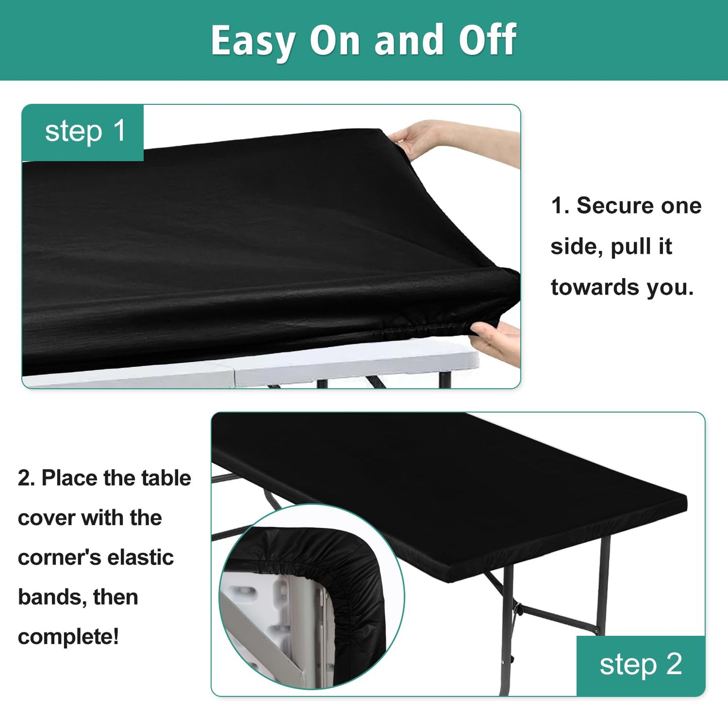 LUSHVIDA 6 Packs Vinyl Tablecloths with Flannel Backing for 8ft Rectangle Folding Table Cloths - Waterproof Plastic Picnic Table Covers with Elastic Corners, 30x96 inch, Black