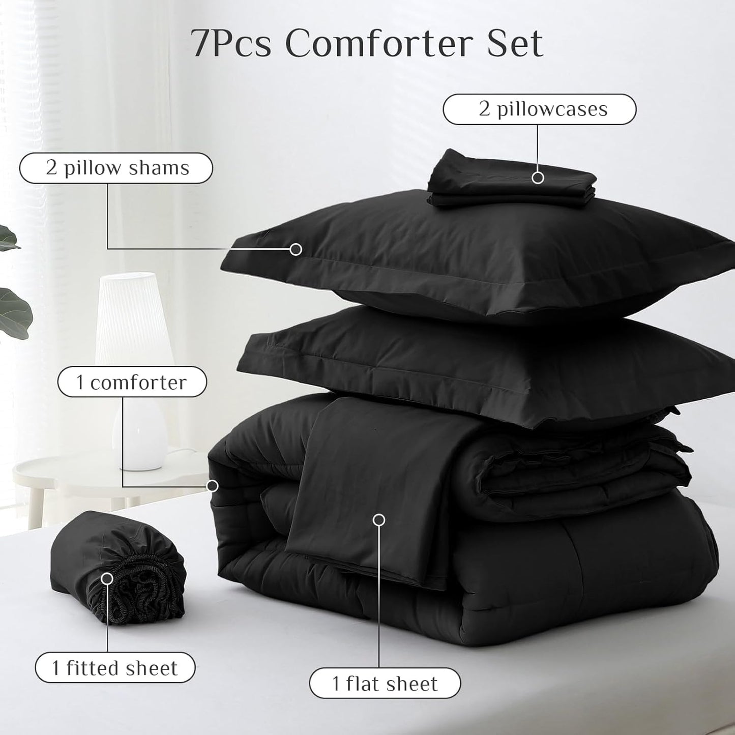 JOLLYVOGUE King Comforter Set, Ultra-Soft Bed in a Bag King Size 7 Pieces, Oeko-TEX Certified Bedding Set with Down Alternative Comforter, Sheets, Pillowcases & Shams, Black
