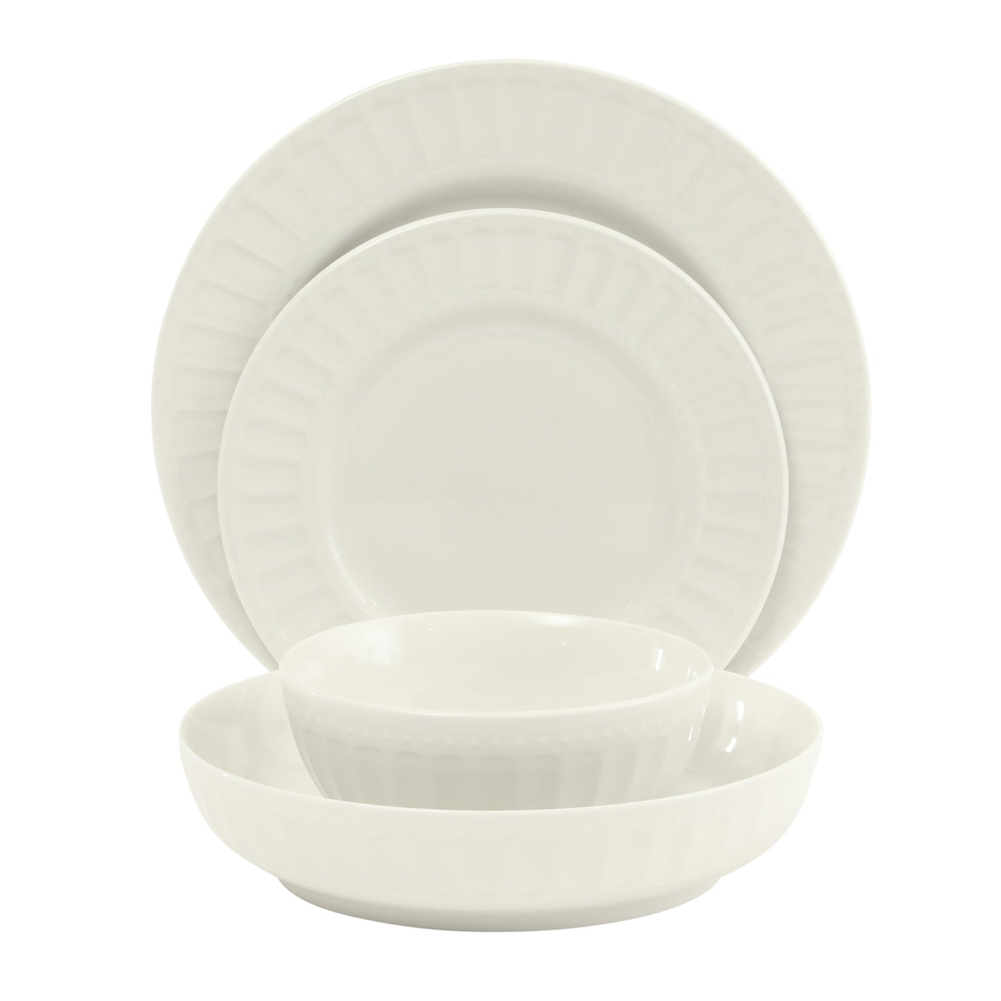 Gibson Home Melbourne White Plates and Bowls Set, 16 Piece Embossed Ceramic Dinnerware Set - Service for 4 Dishes - With Pasta Bowl