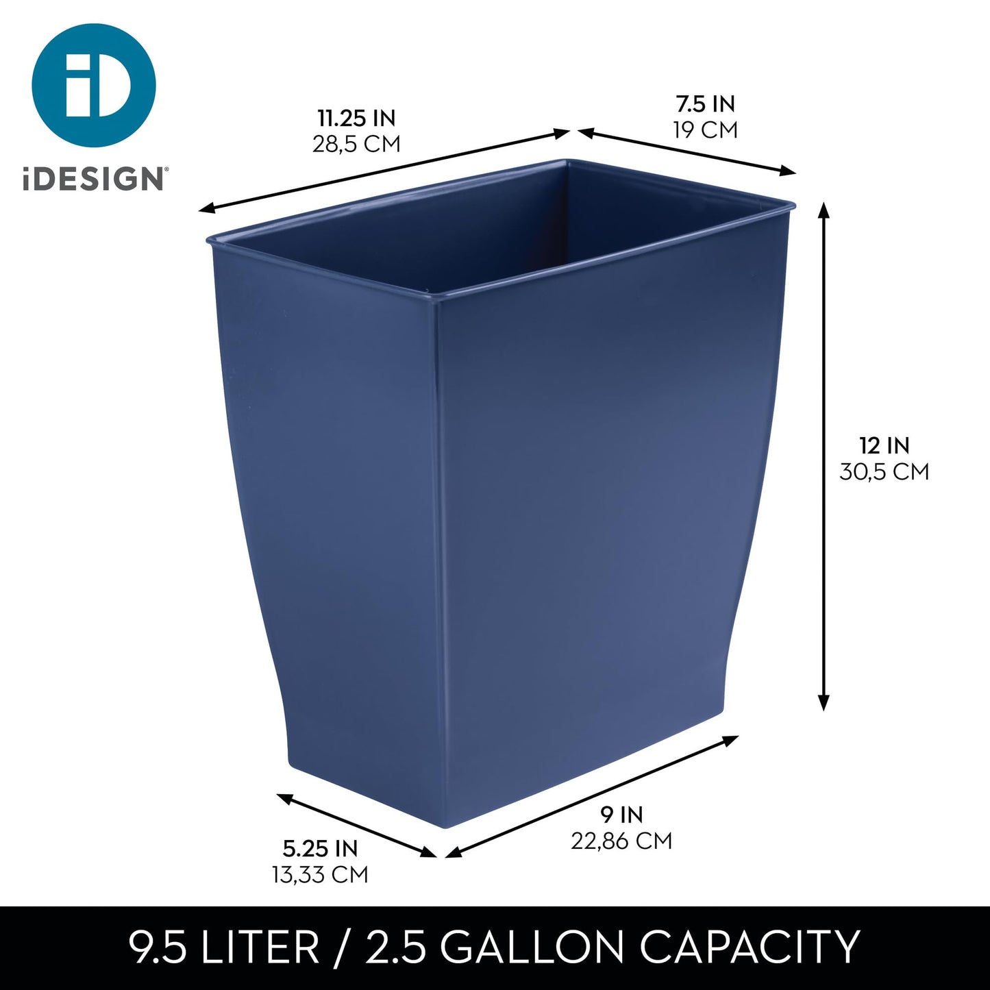 iDesign Small Plastic Bathroom Trash Can, Slim Rectangle Garbage Bin for Bedroom, Office, Dorm, 2-Pack, Navy Blue
