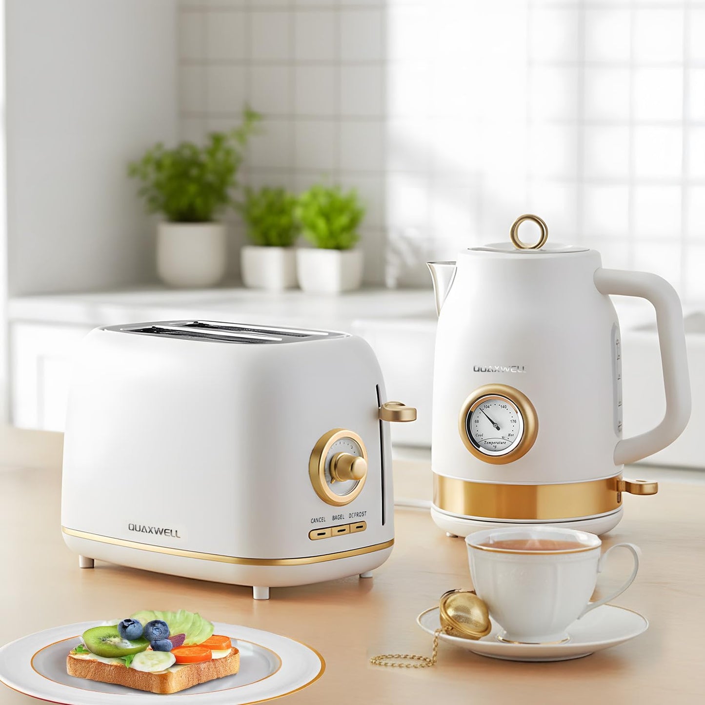 QUAXWELL 2-Slice Toaster, Wide Slots, 7 Bread Shade Settings, Stainless Steel, Bagel, Cancel, and Defrost Functions, Removable Crumb Tray, Retro Style Toaster,Matte White and Gold