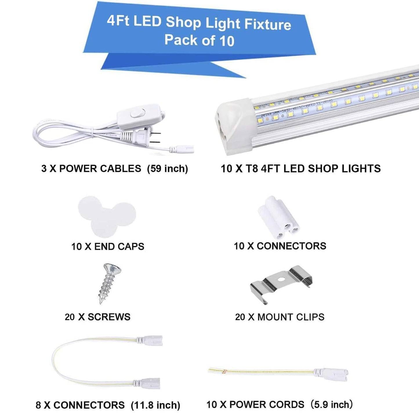 10Pack 4FT LED Shop Light - 50W 8000LM 6500K Linkable Clear Cover T8 LED Tube Light for Workshop, Warehouse, Basement - Plug and Play