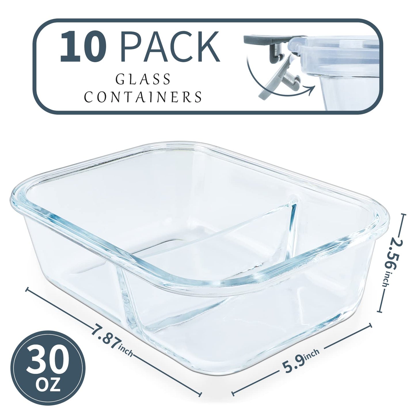 KOMUEE 10 Packs 30oz Glass Meal Prep Containers 2 Compartments,Glass Food Storage Containers with Lids,Airtight Lunch Bento Boxes,Microwave,Oven,Freezer and Dishwasher Safe