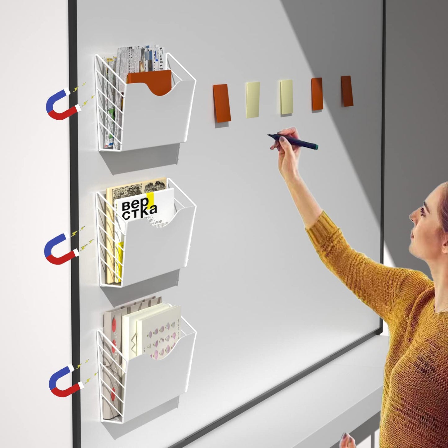 BSJYMJIAJU 3 Pockets Magnetic File Holder for File Cabinets, Refrigerator, Whiteboard, Paper Organizer, Mail or Folder Holder,Magazine Rack,Wall Mount Hanging Mail Organizer (white)