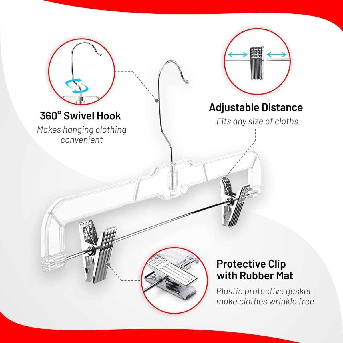 DEILSY™ Skirt Hangers Pants Hanger with Clips Hanger Shorts Clear Plastic Clothes with 2-Adjustable Clip Non-Slip Clothes Perfect for Pant, Pack of 25
