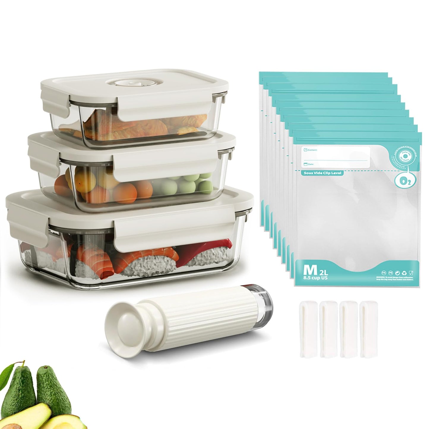 CABIBOX Vacuum Sealer & Food Storage Container for Food, Vacuum Sealer for Food + 3 Glass Vacuum Containers |Rectangle [21 Oz/35 Oz/50 Oz]+ 10 Reusable Food Saver Sealer Bags,For Freezer, Meal Prep