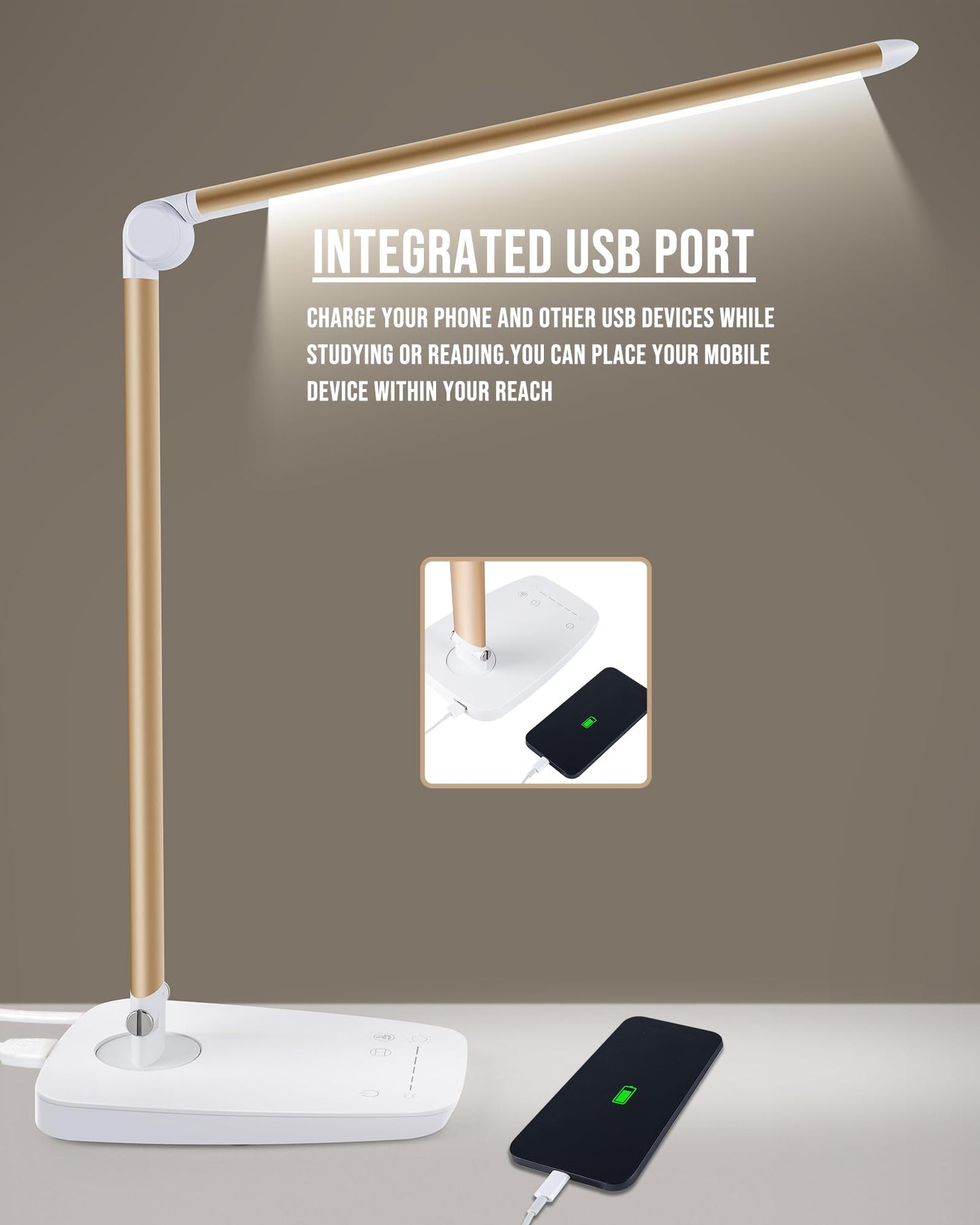 Lichamp Dimmable LED Desk Lamp with USB Charging Port, Touch Control Foldable Gooseneck Free Rotation Adjustable Eye Care Table Lamp, Bedside Reading Light with UL AC Adapter (Pink Gold)