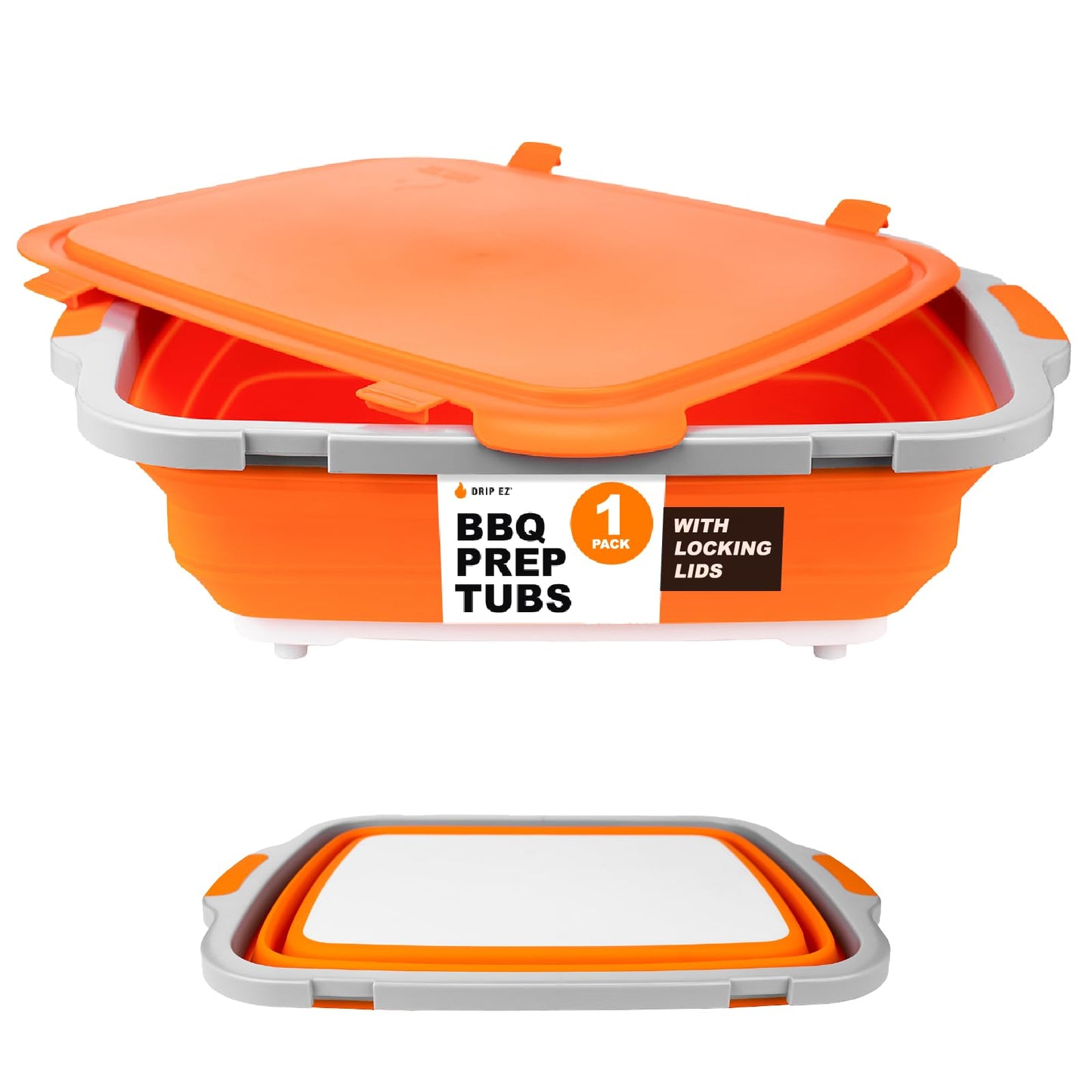 Drip EZ Collapsible BBQ Prep Tub - For Meal Prep Marinating Food Storage - Includes Cutting Board & Locking Lid - (1) XL - Orange