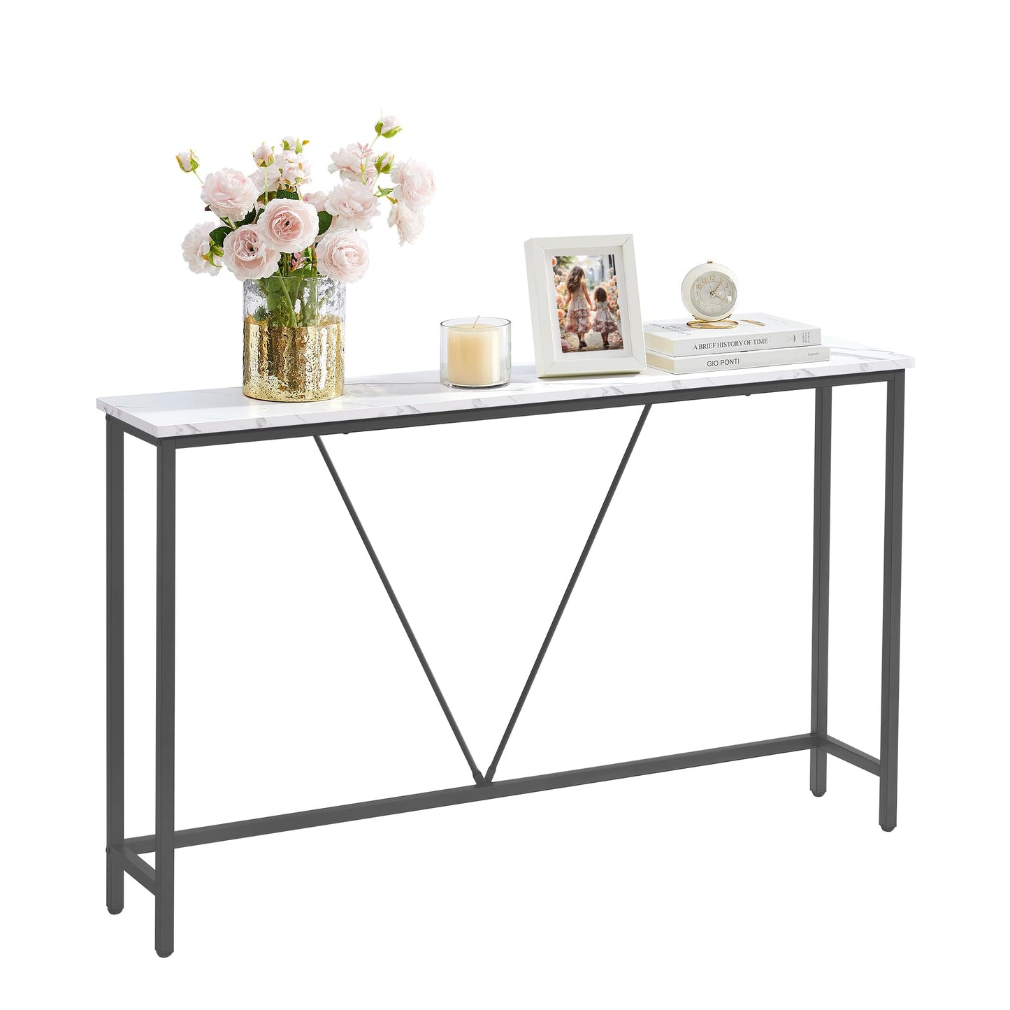 VASAGLE Console Sofa Table, Narrow Entryway Table, for Living Room, Bedroom, Easy Assembly, Marble White and Ink Black ULNT020W01