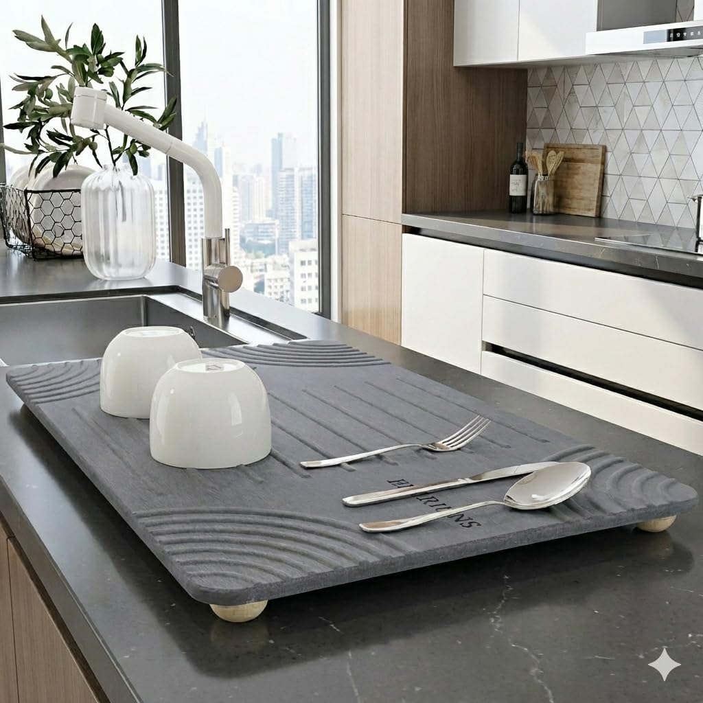 Elarions Large Diatomaceous Earth Stone Dish Drying Mat - 24" x 16" Quick Dry Non-Slip Food Grade Fast Absorbent Quartz-Enhanced Rapid Water Absorbing Countertop Mat For Dish Rack