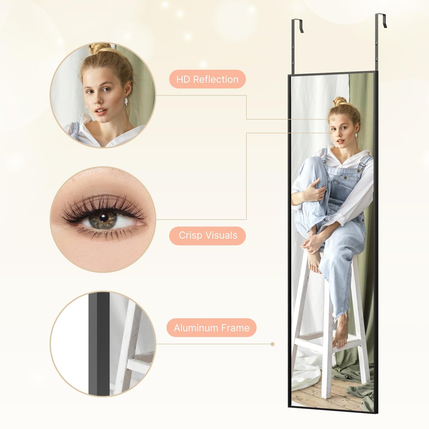 Kosmonia 48x14 Inch Full Length Tempered Glass Door Mirror - Over The Door Hanging, No Drill Installation, Suitable for Bedroom & Closet, Sturdy Hanging Design