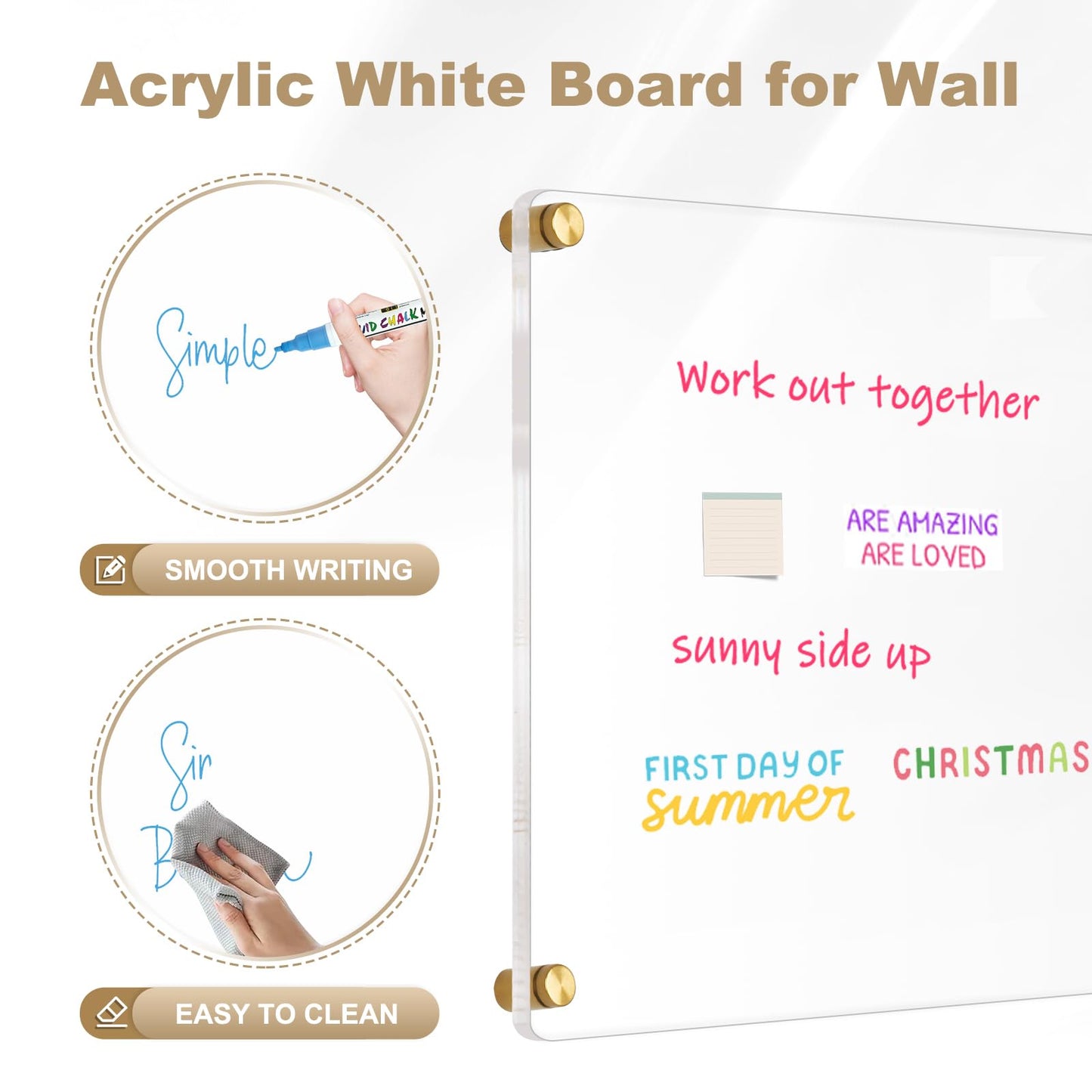 AMUSIGHT Large Clear Acrylic Dry Erase Board, 20" X 16" Golden Non-Magnetic Frameless Clear White Board for Wall, Erasable Acrylic Board for Wall, Home, Office, School, 2 Markers