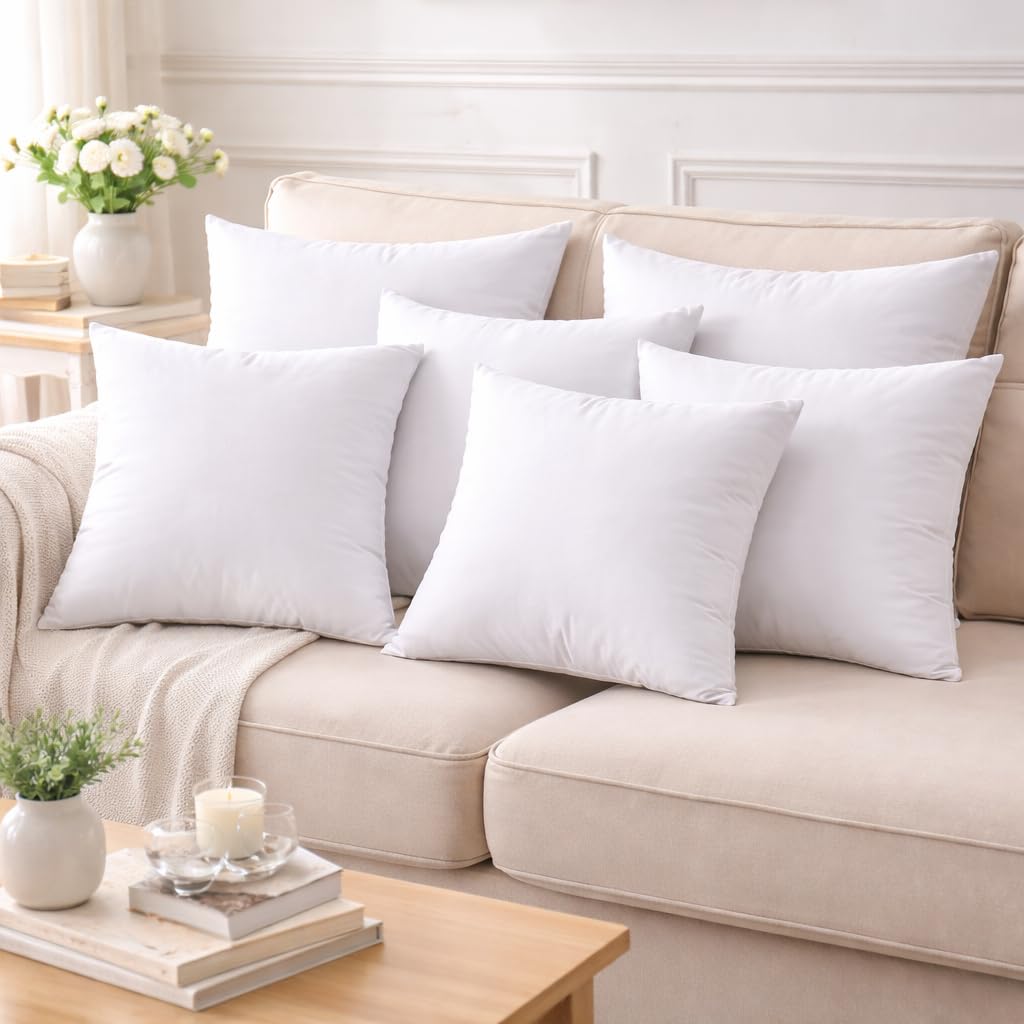 Fabornus 18 x 18 Inch Throw Pillow Inserts – Set of 6 Square Cushions with Polyester Fill for Decorative Pillow Covers