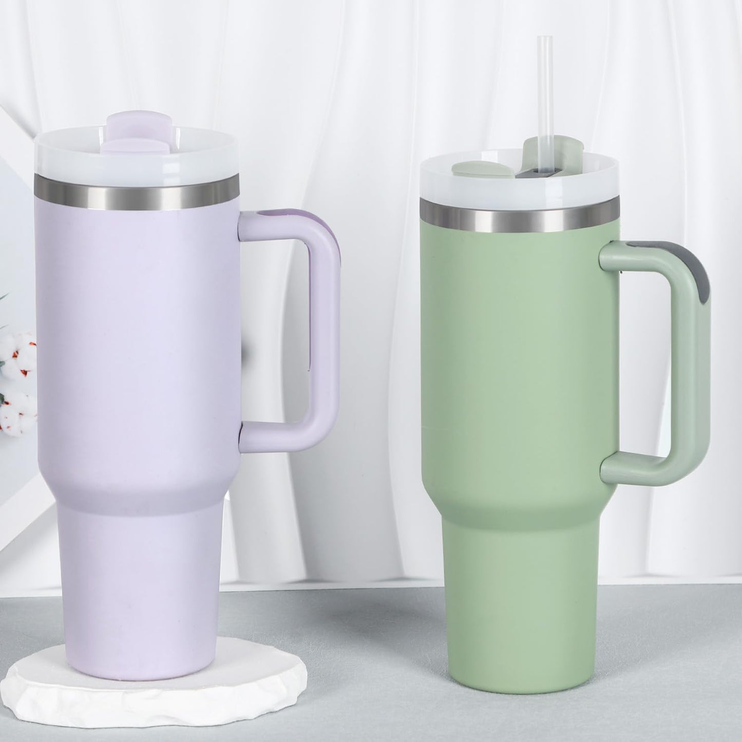 4 Pack 40 Oz Tumbler with Handle Bulk, Double Wall Vacuum Insulated Stainless Steel Tumbler with Lid and Straw, 40 oz cup with Silicone Spill Proof Stopper Set (Cream,Purple,Dark Green,Rose Quartz)