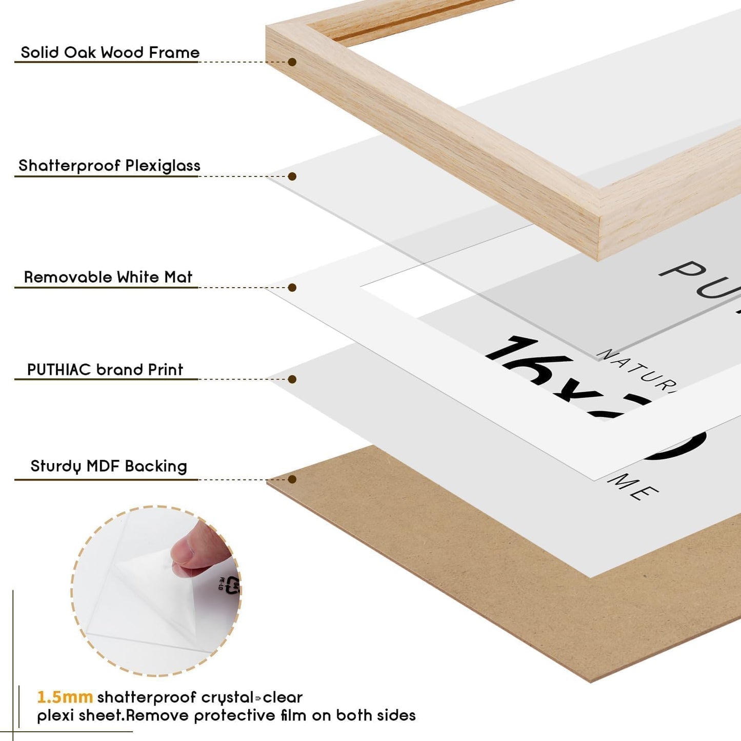 puthiac 16x20 Solid Oak Wood Picture Frame, Fits 12x16 with Mat or 16x20 Without Mat, Wall Display Only, Vertical or Horizontal, Plexi Front, 1 Pack, Natural Oak
