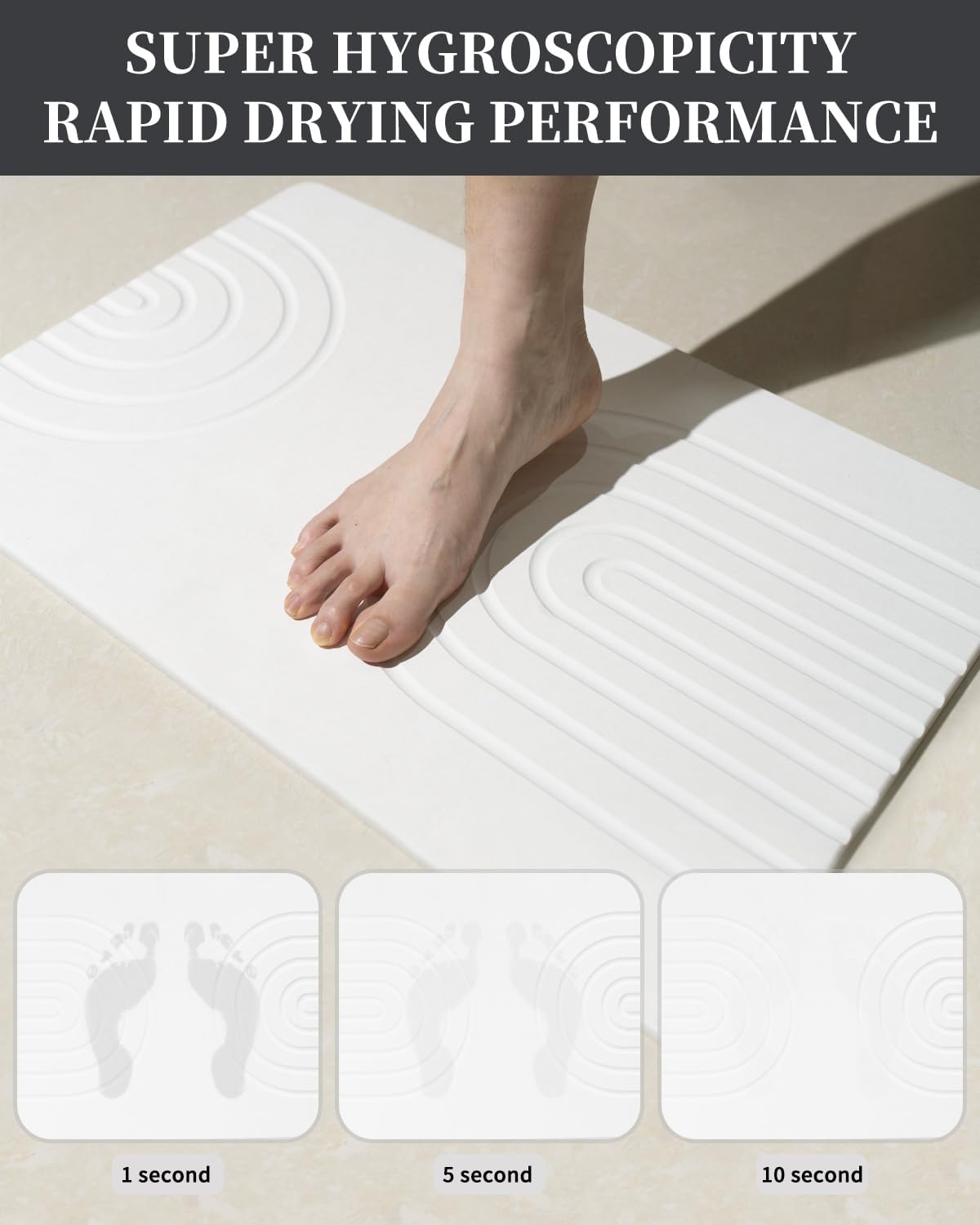 YOULTTAN Stone Bath Mat 24"x16" - Diatomaceous Earth Shower Mat, Quick Dry, Anti-Slip, Modern Design with Bonus Non-Slip Pad - Perfect for Home Safety and Style,White,Straight